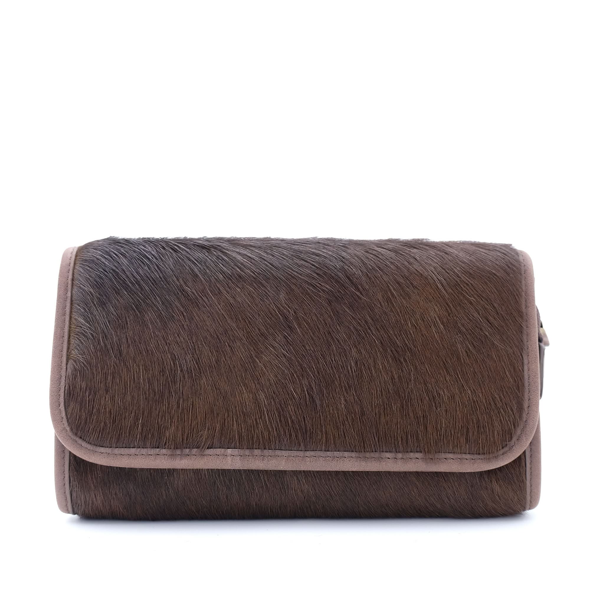 Brown pony hair clutch wallet with suede trim, front flap view. - Yellow Earth Australia