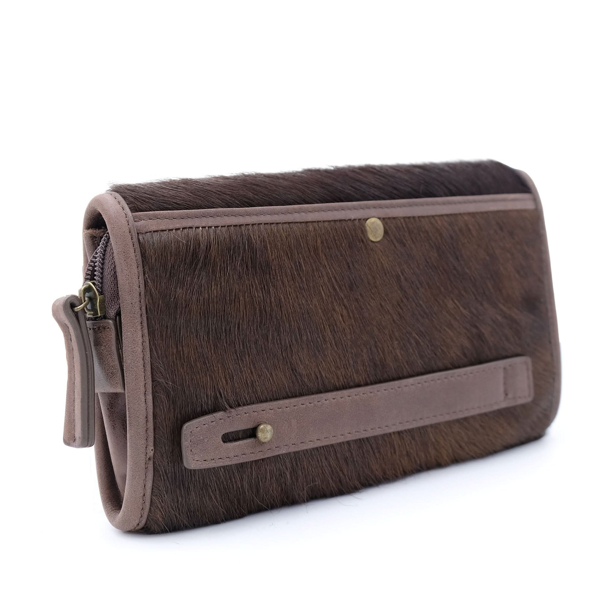 Brown sheepskin wallet with leather trim, angled front view. - Yellow Earth Australia