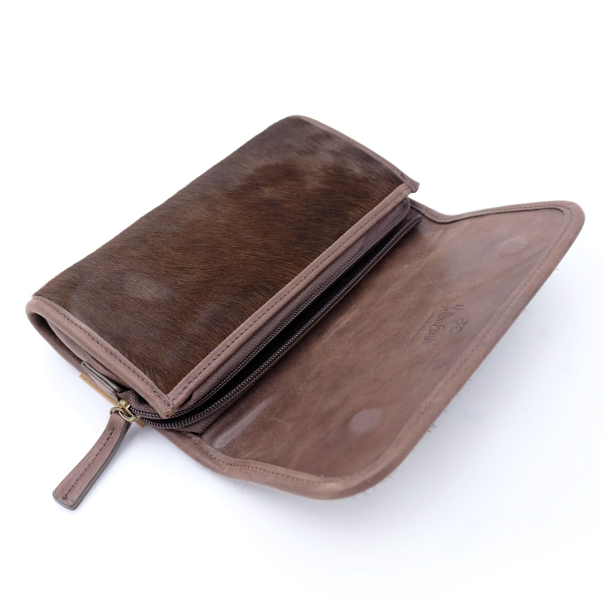 Brown sheepskin wallet with zip closure, open view showing interior leather lining. - Yellow Earth Australia