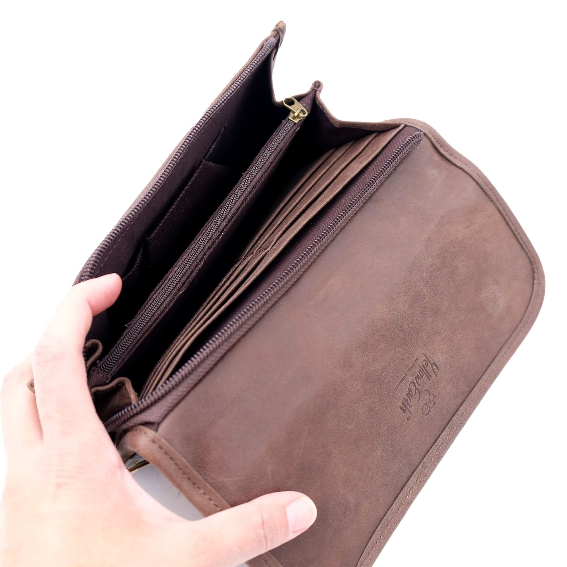 Brown leather wallet open showing multiple card compartments and coin pocket. - Yellow Earth Australia