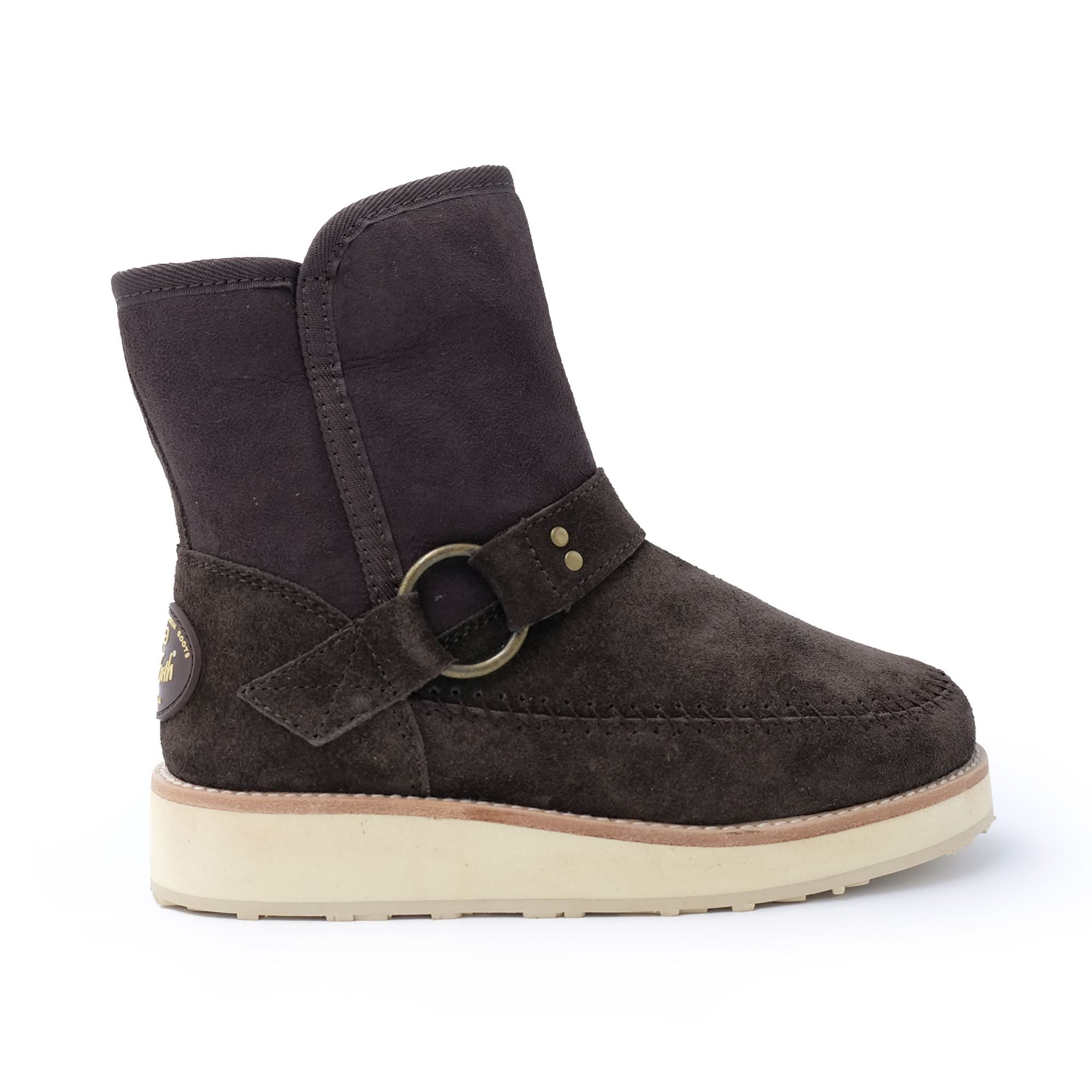Black suede sheepskin boot with cream sole, side view. - Yellow Earth Australia