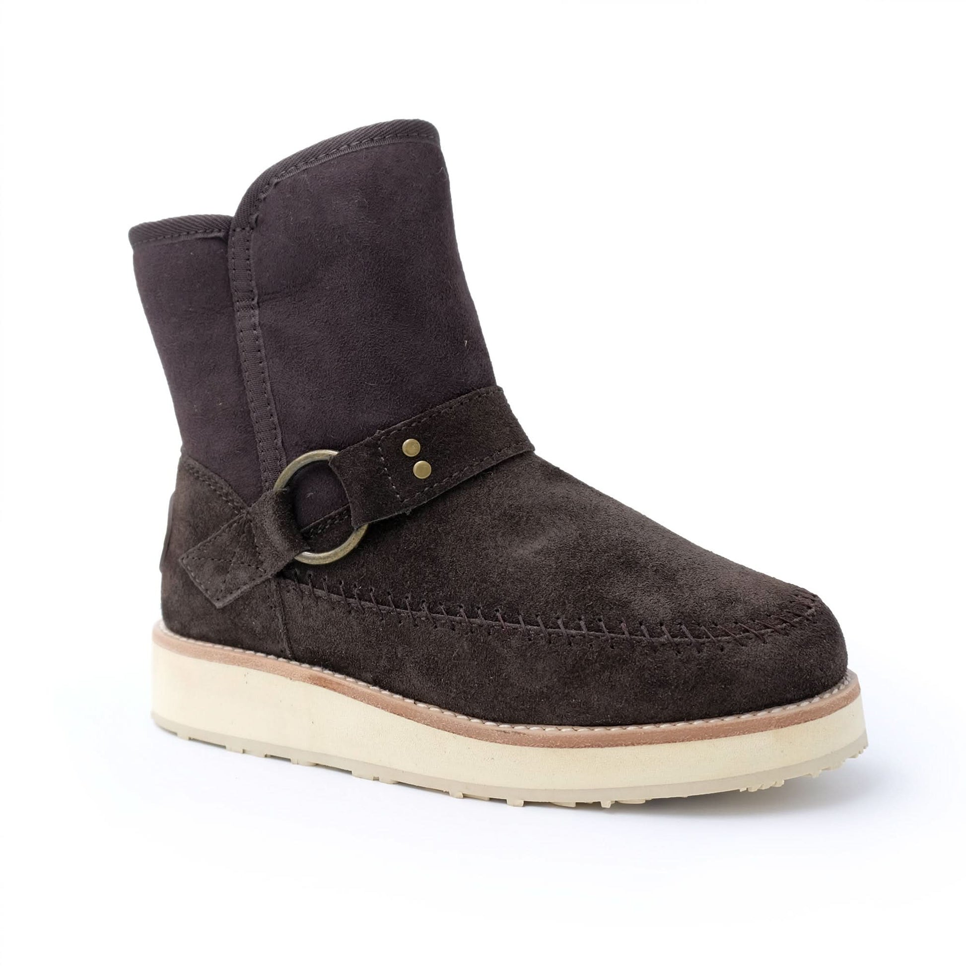 Black suede sheepskin boot with cream sole, angled side view. - Yellow Earth Australia