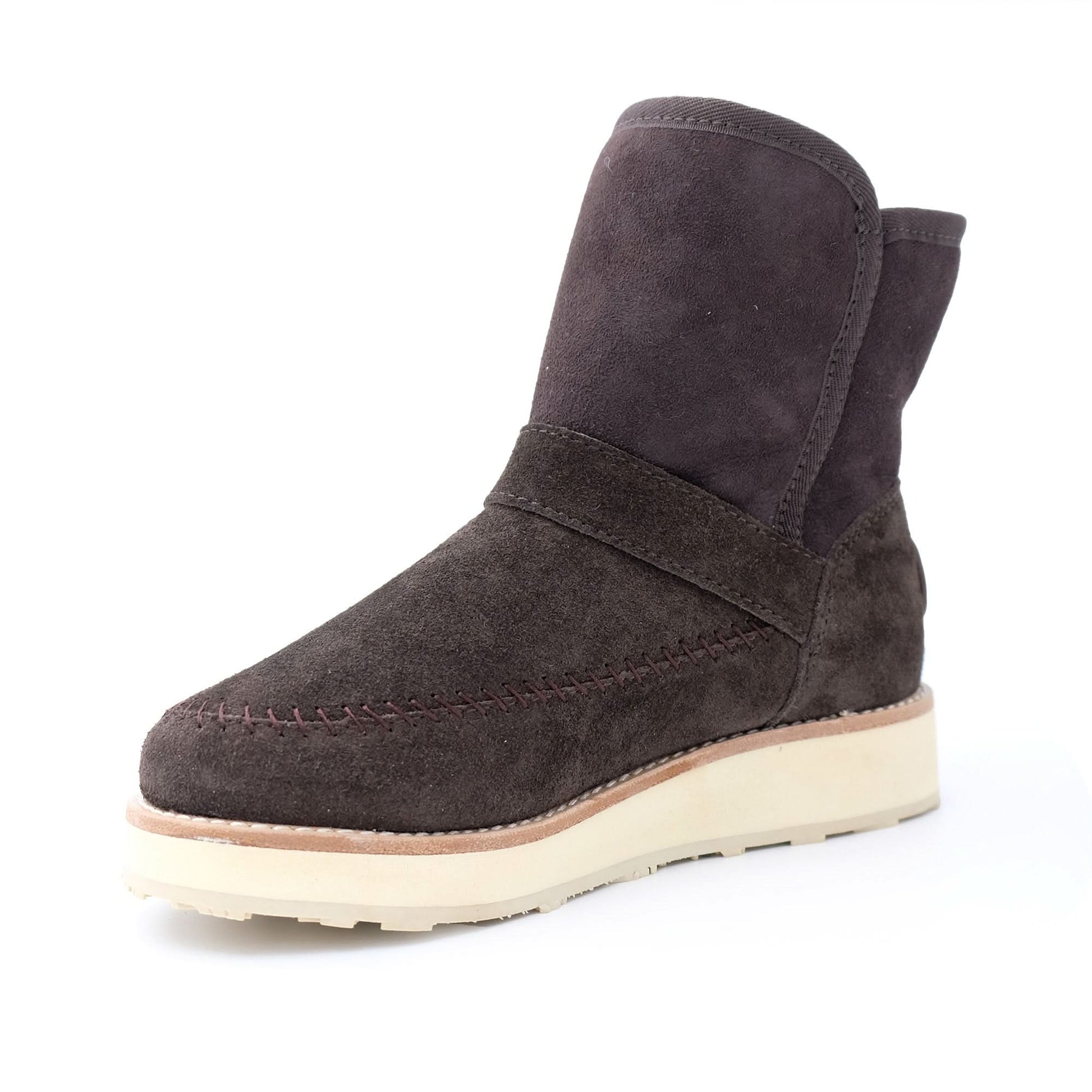 Charcoal sheepskin boot with cream platform sole, side view. - Yellow Earth Australia