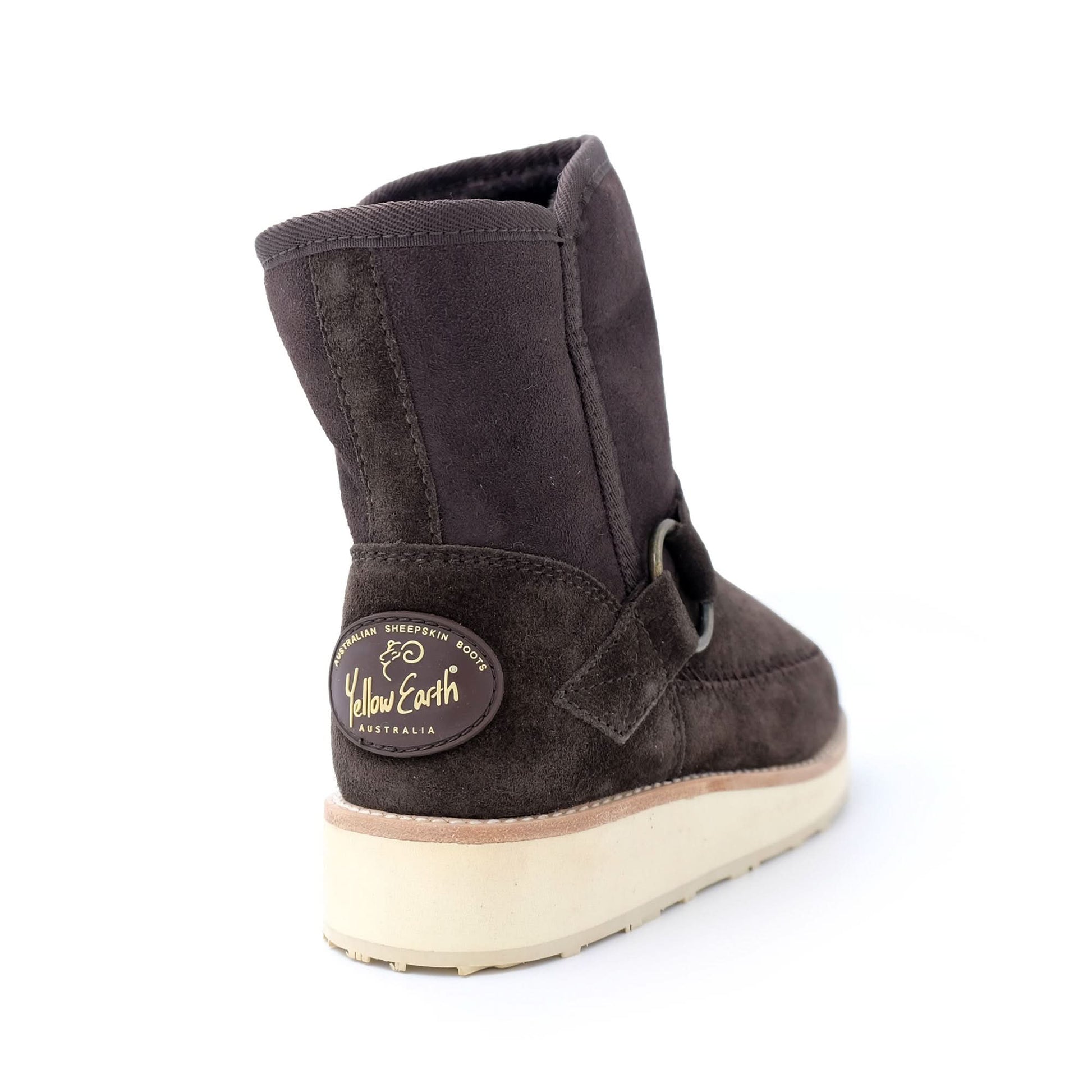 Charcoal sheepskin boot with cream sole, rear three-quarter view. - Yellow Earth Australia