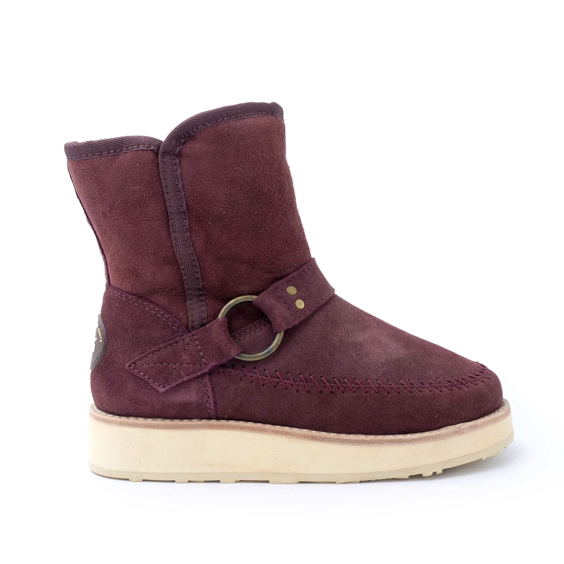 Burgundy suede sheepskin boot with cream sole, side view. - Yellow Earth Australia