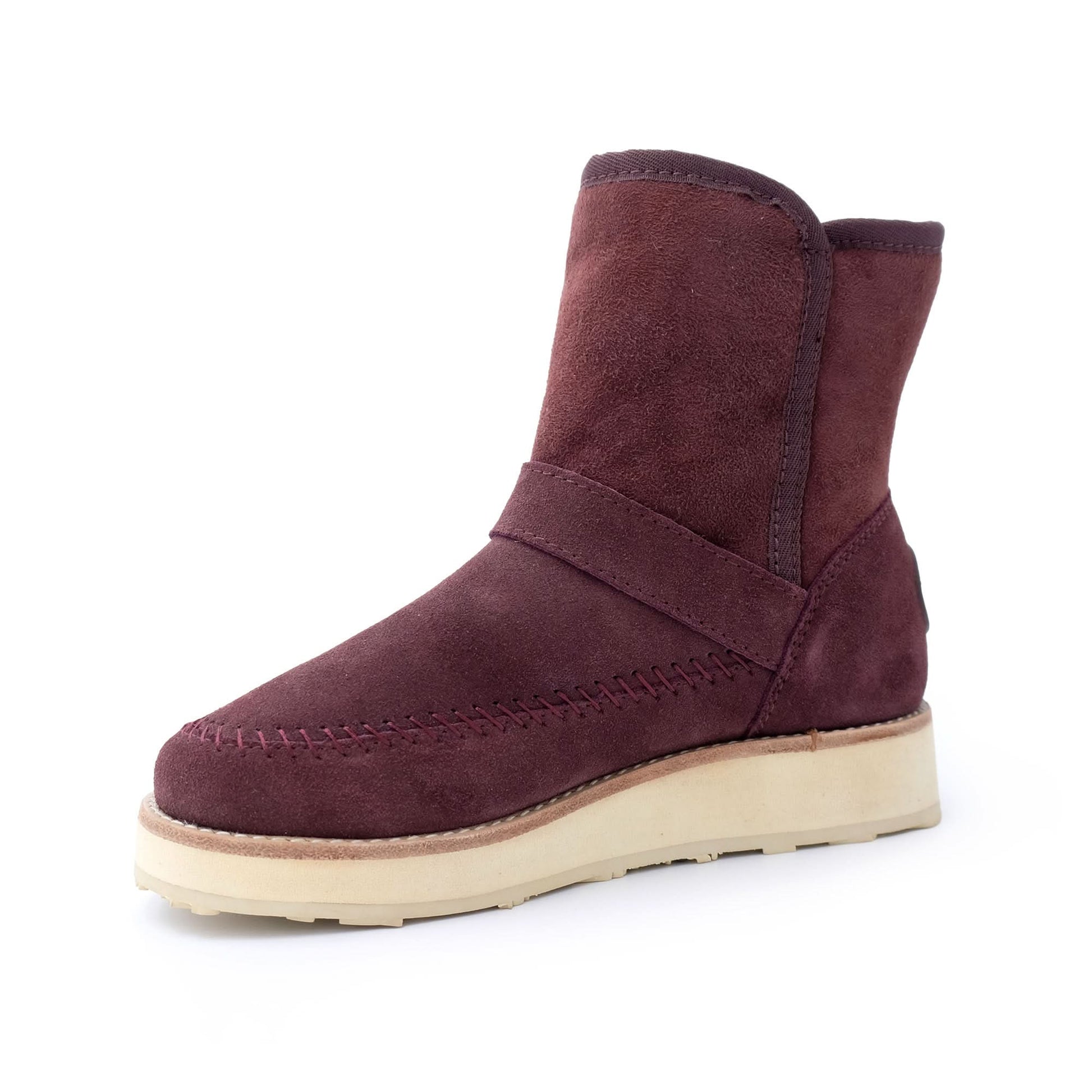 Burgundy suede sheepskin boot with cream sole, side view. - Yellow Earth Australia