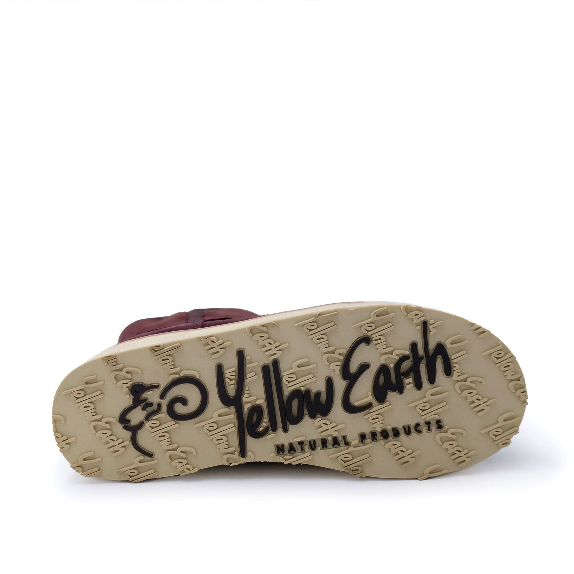 Burgundy sheepskin boot sole view showing natural wool texture and branded footbed. - Yellow Earth Australia