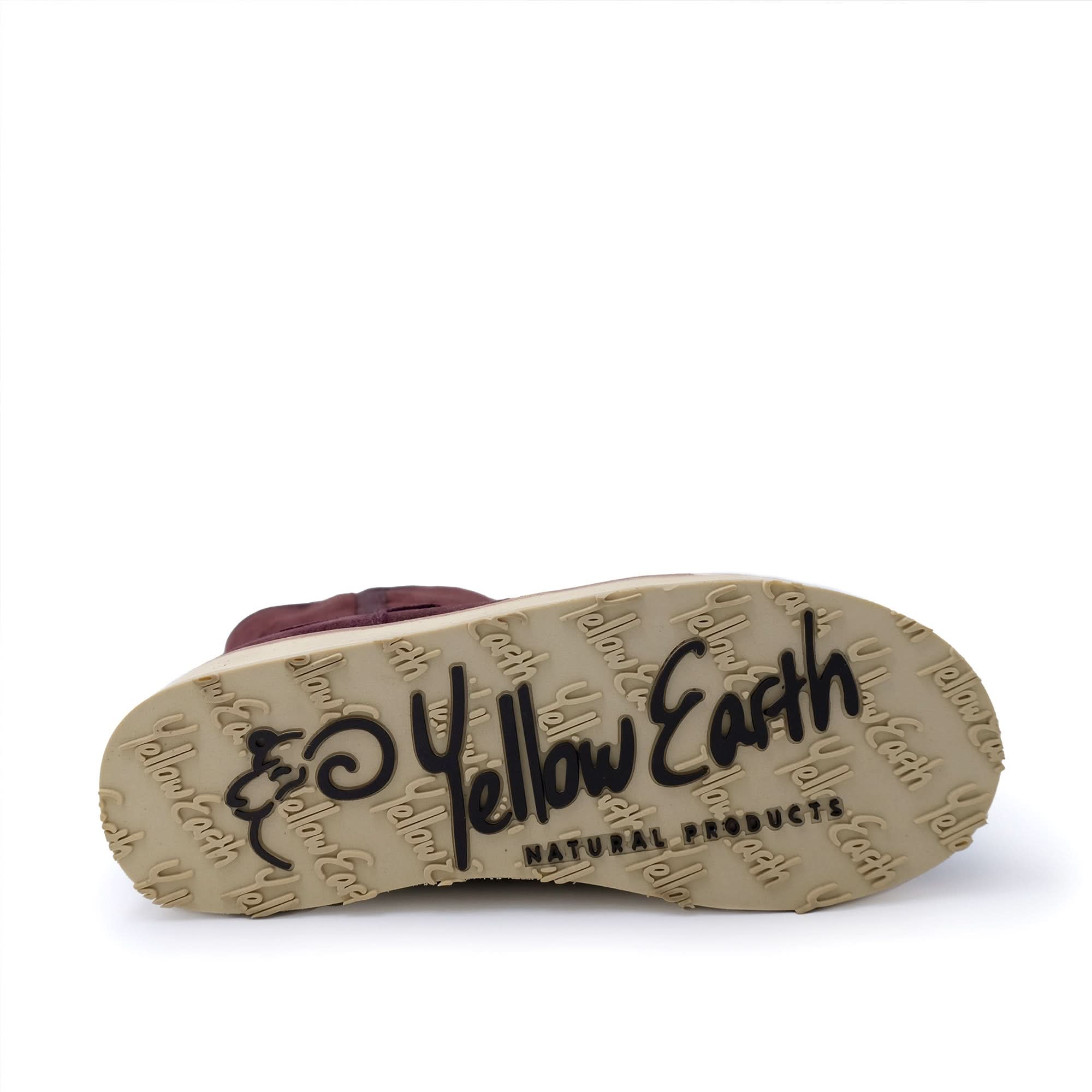 Burgundy sheepskin boot sole view showing natural wool texture and branded footbed. - Yellow Earth Australia