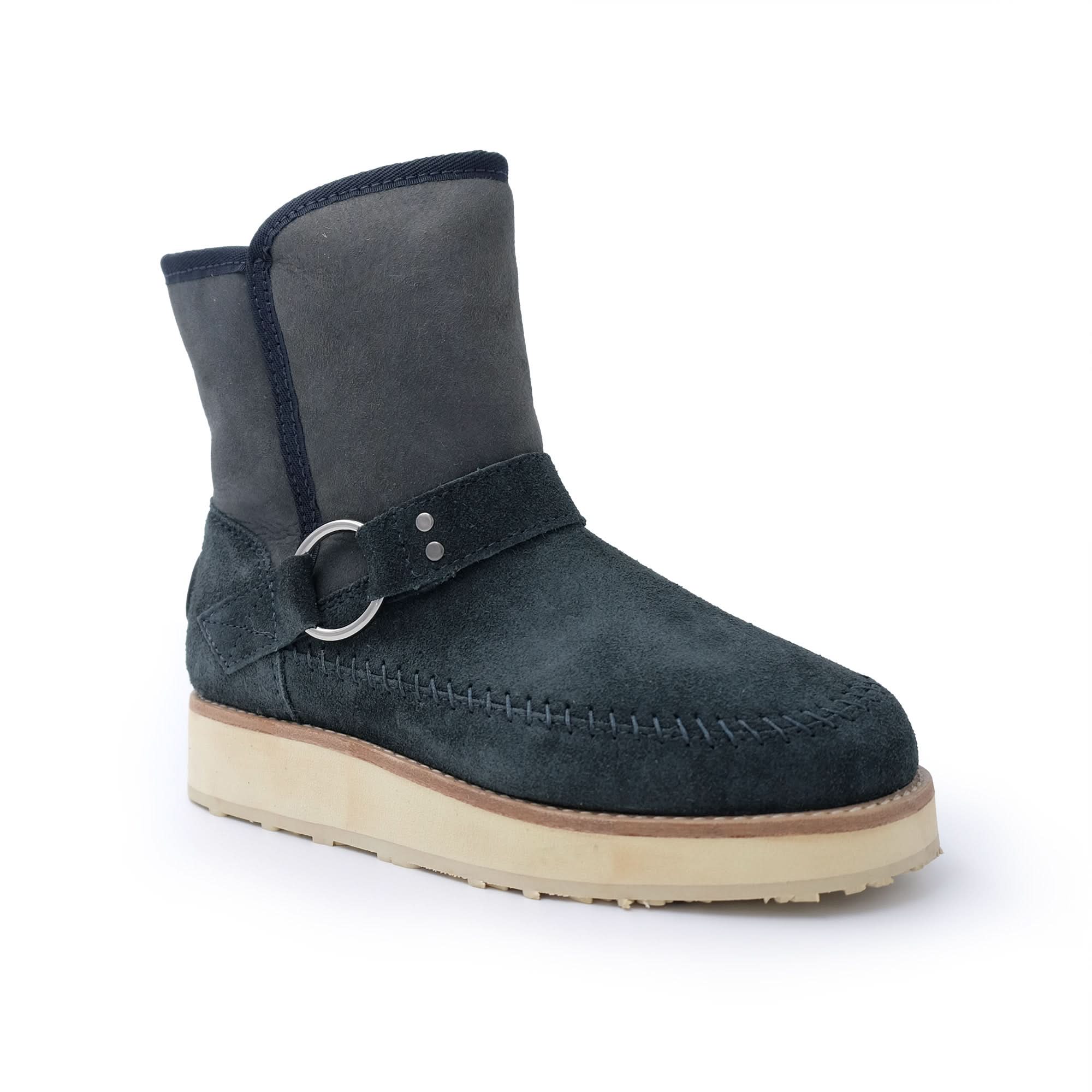 Black suede sheepskin boot with cream sole and harness strap detail, side view. - Yellow Earth Australia