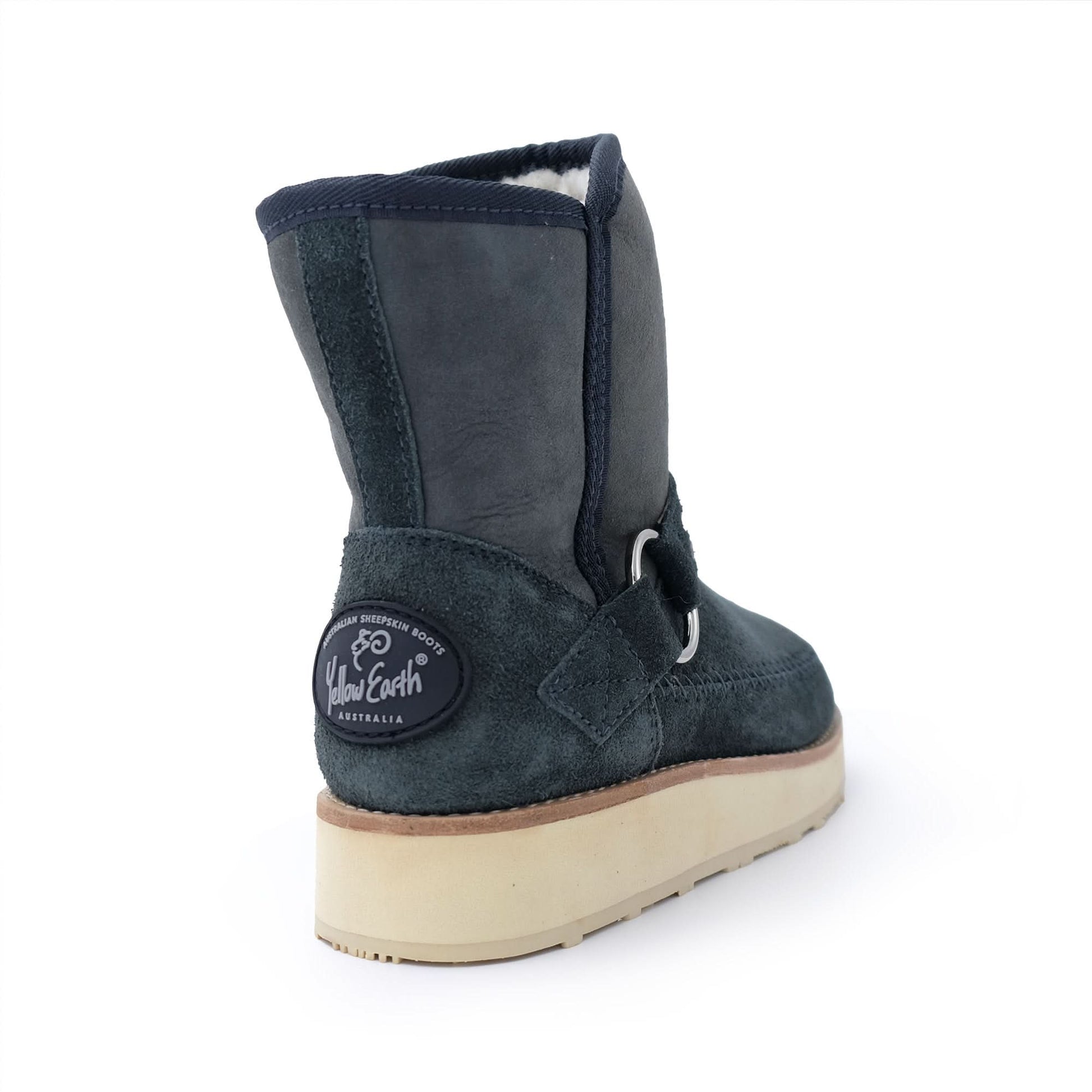 Charcoal sheepskin boot with crepe sole, rear three-quarter view. - Yellow Earth Australia