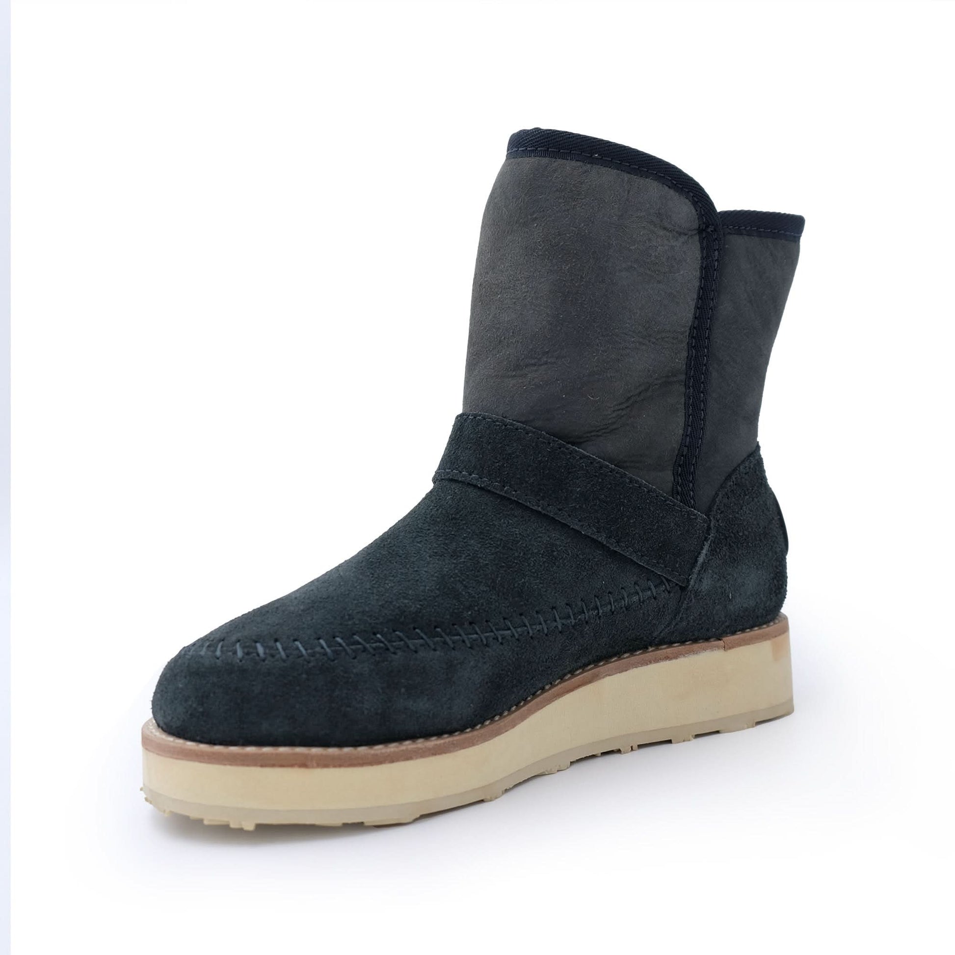 Black suede sheepskin boot with cream platform sole, side view. - Yellow Earth Australia