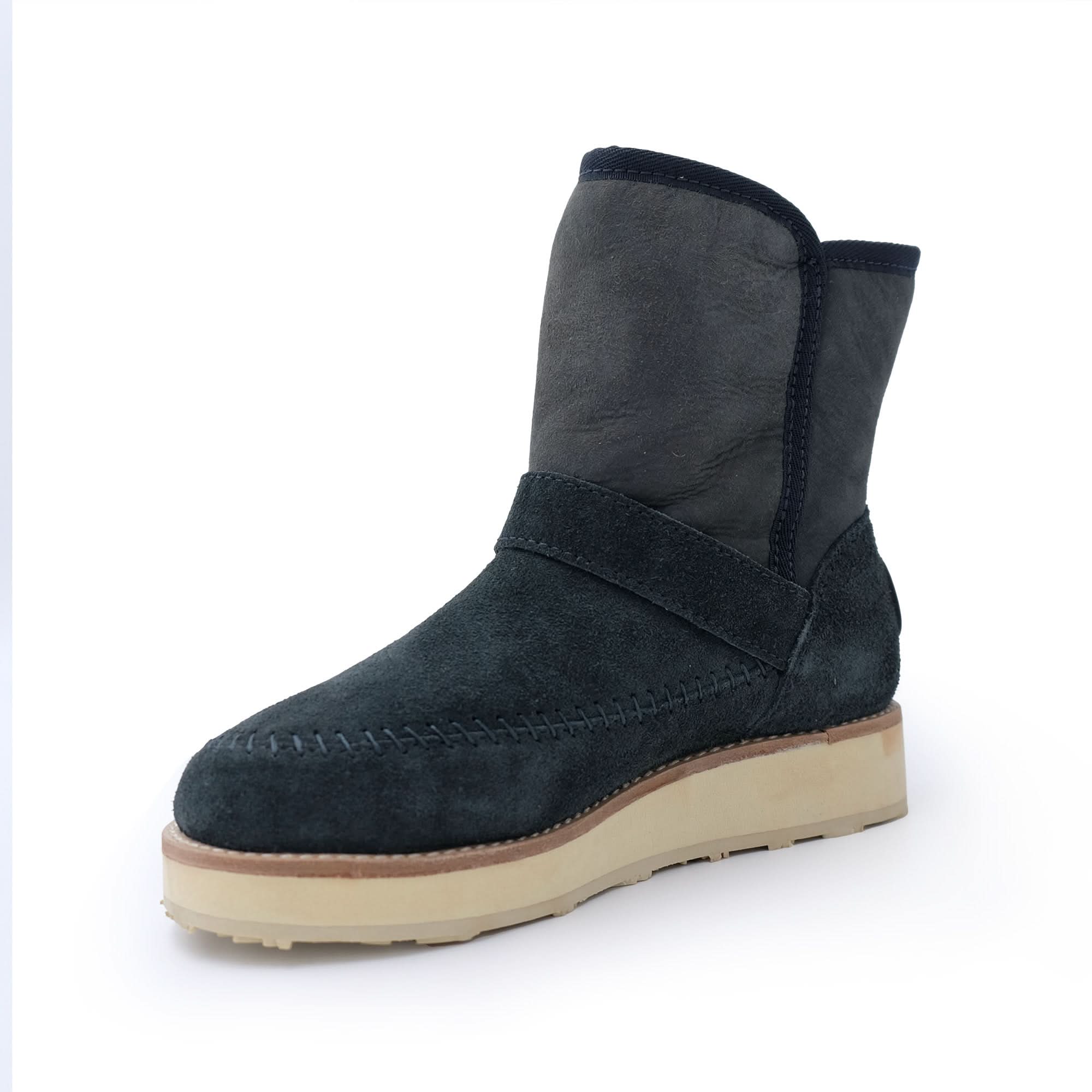 Black suede sheepskin boot with cream platform sole, side view. - Yellow Earth Australia