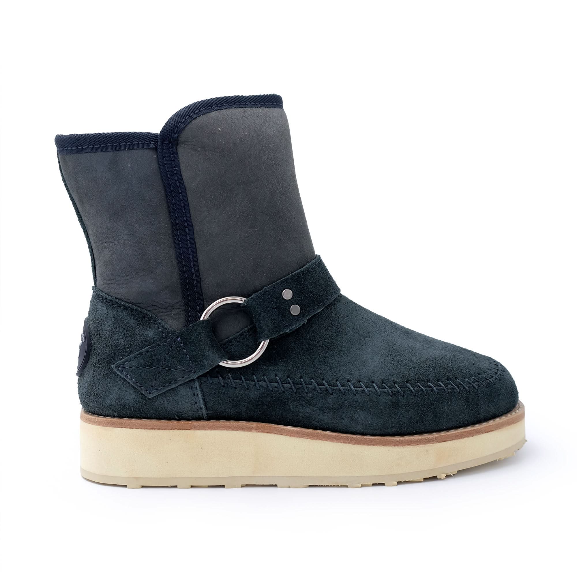 Black suede sheepskin boot with ring buckle detail, side view. - Yellow Earth Australia