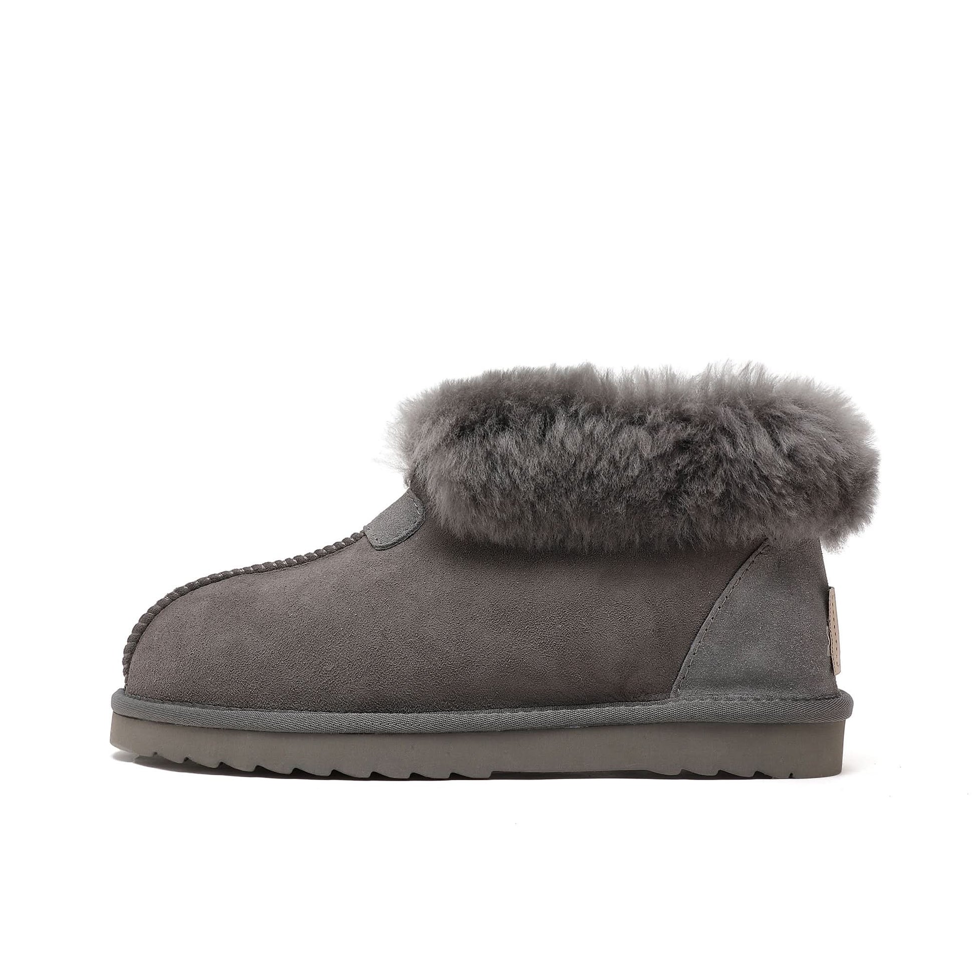 Grey suede sheepskin slipper boot with fluffy wool cuff, side view. - Yellow Earth Australia