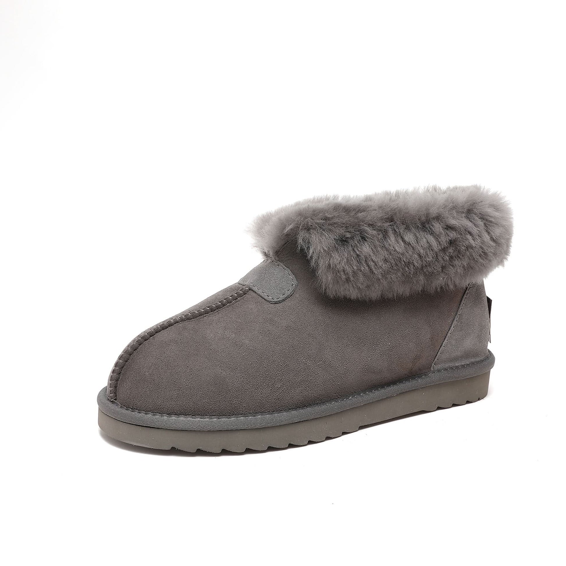 Grey sheepskin ankle boot with fluffy wool collar, side view. - Yellow Earth Australia