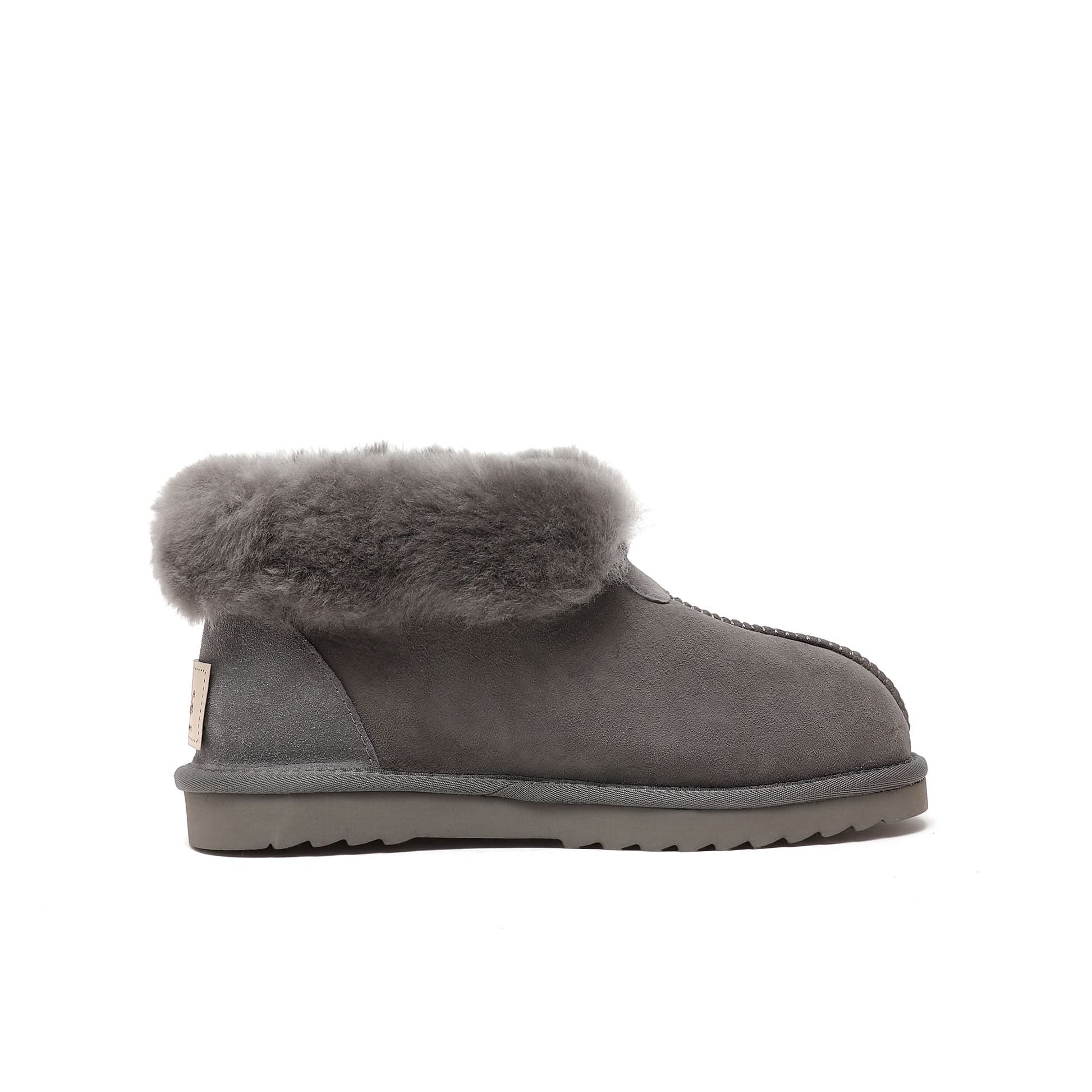 Grey sheepskin ankle boot with fluffy wool collar, side view. - Yellow Earth Australia