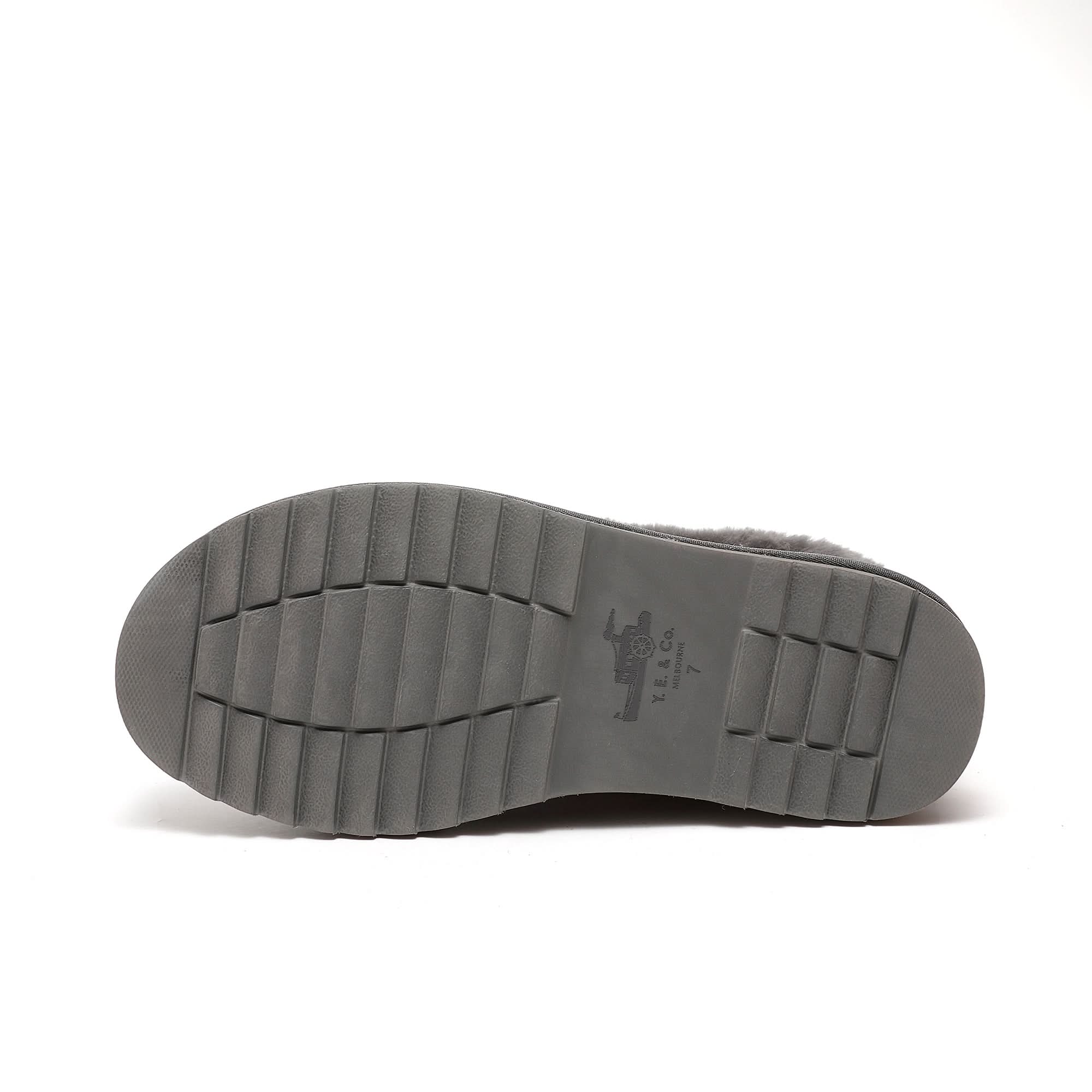 Grey sheepskin slip-on shoe sole showing cushioned textured rubber bottom view. - Yellow Earth Australia