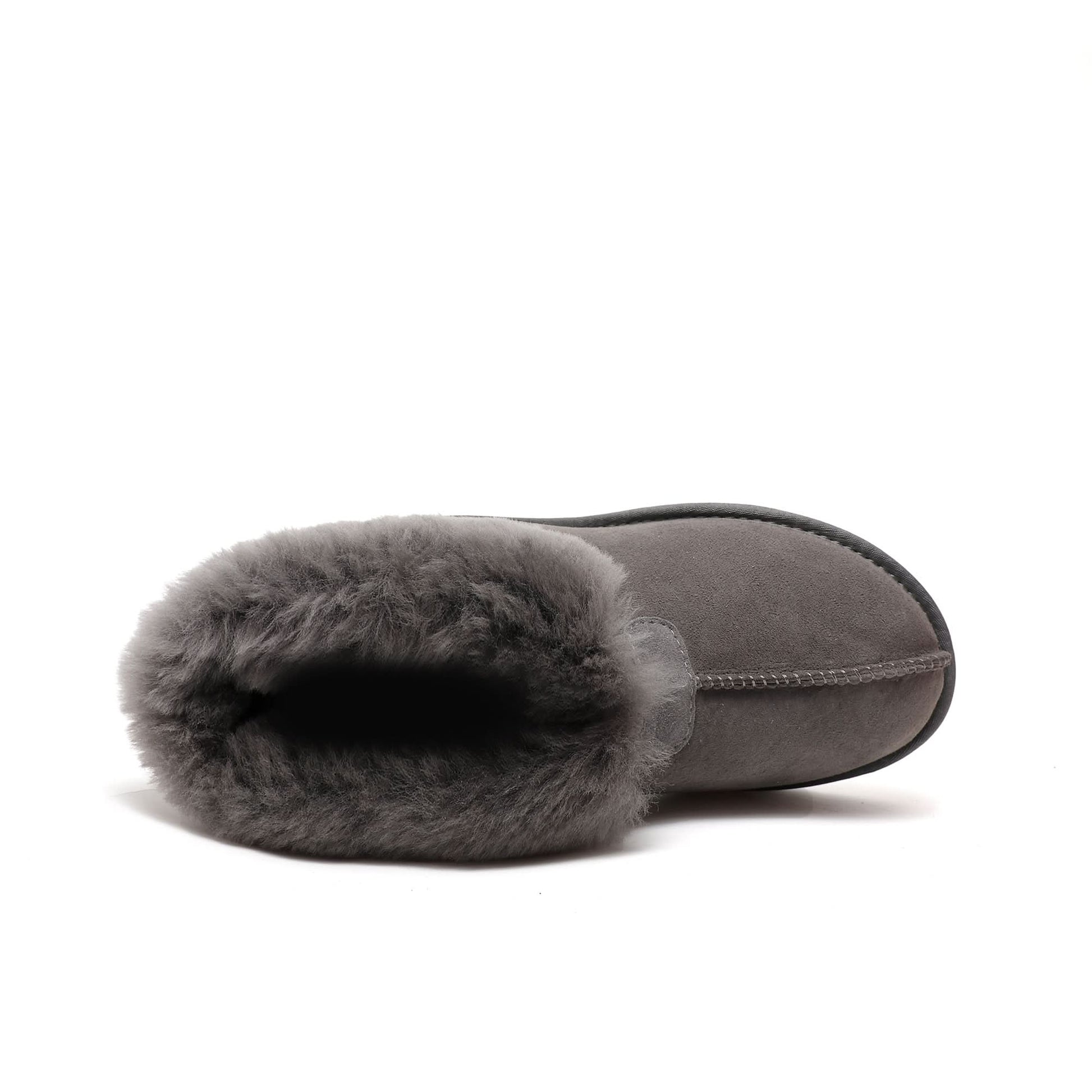 Grey sheepskin slipper boot with fluffy wool lining, top-down view. - Yellow Earth Australia