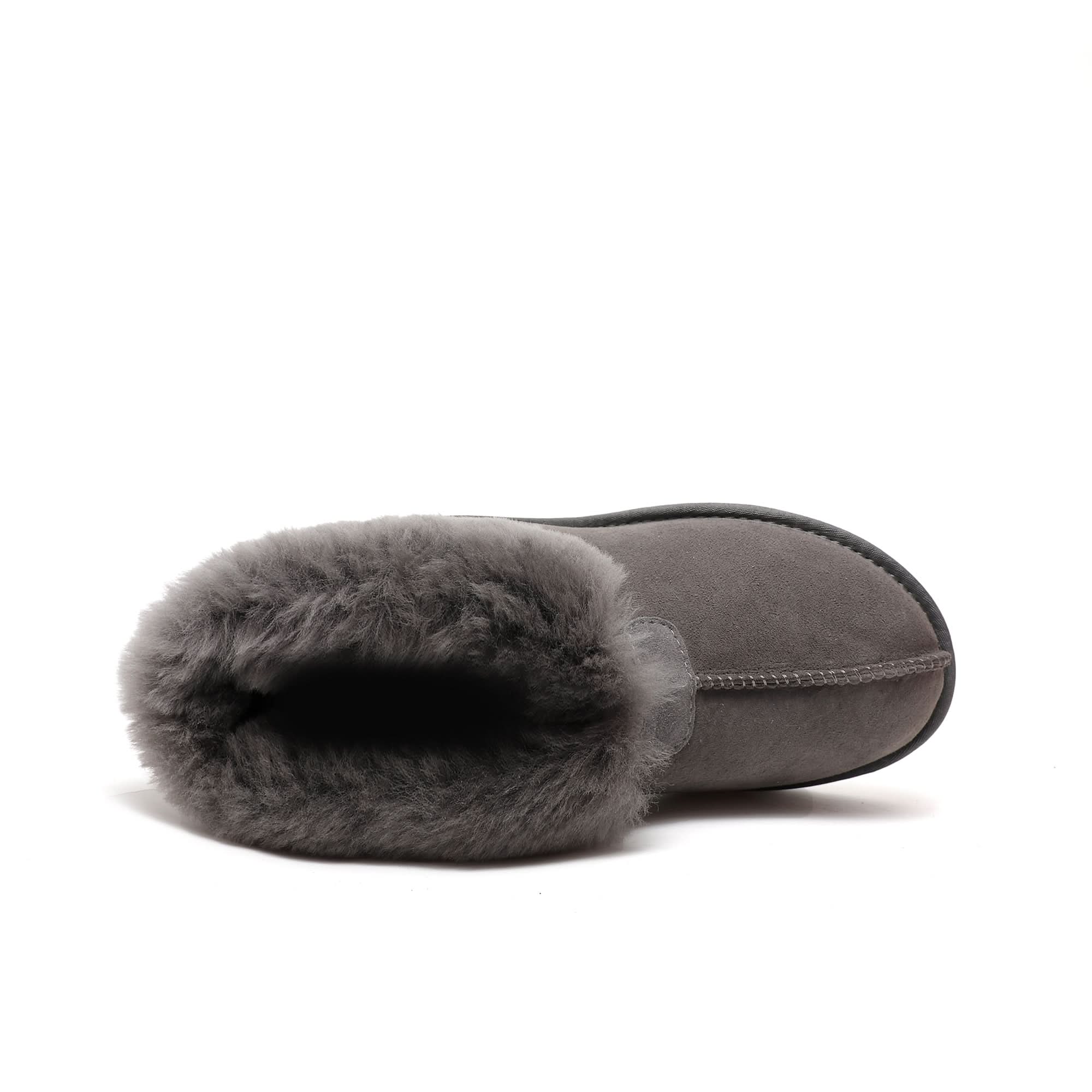 Grey sheepskin slipper boot with fluffy wool lining, top-down view. - Yellow Earth Australia