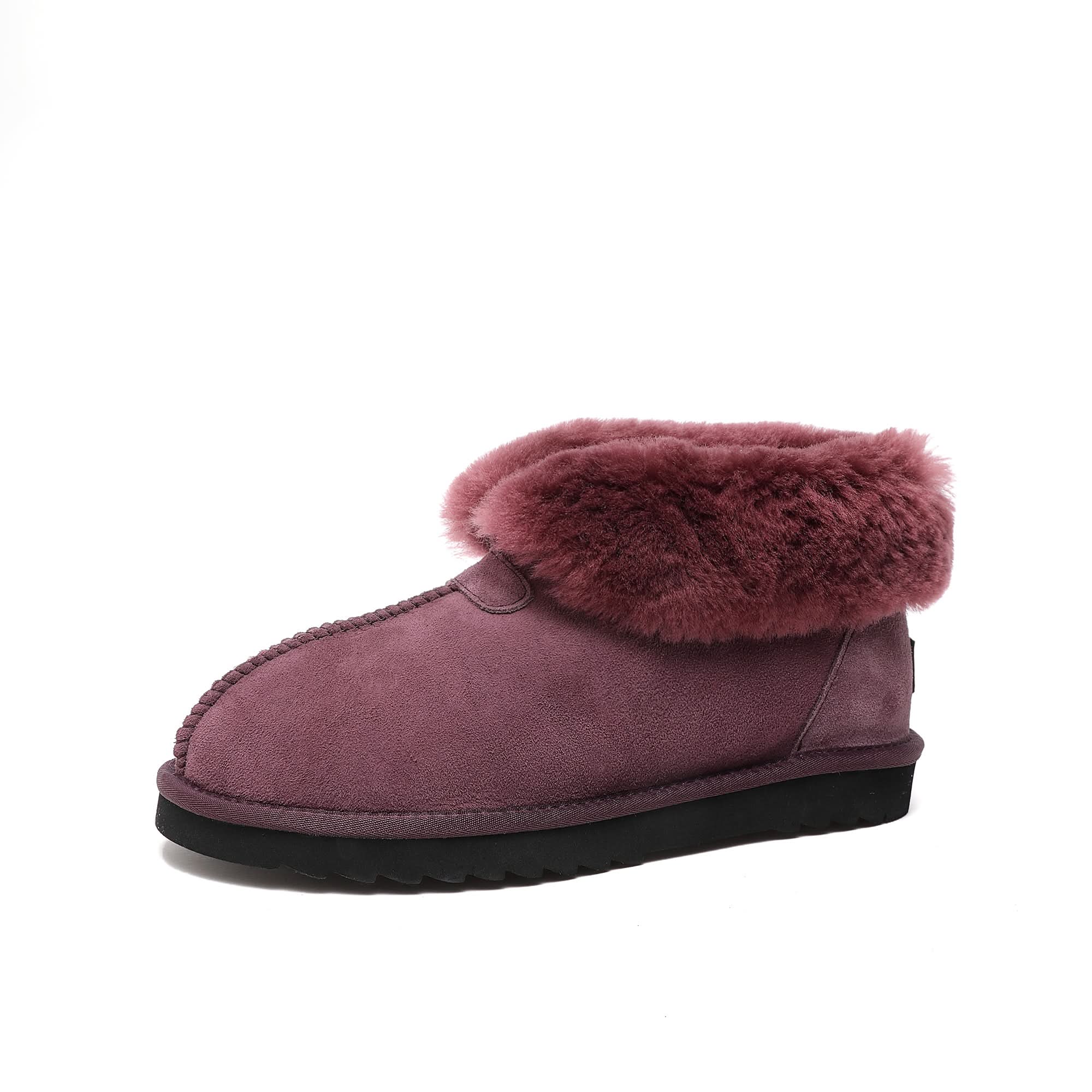 Burgundy sheepskin boot with fluffy wool collar, side view on white background. - Yellow Earth Australia