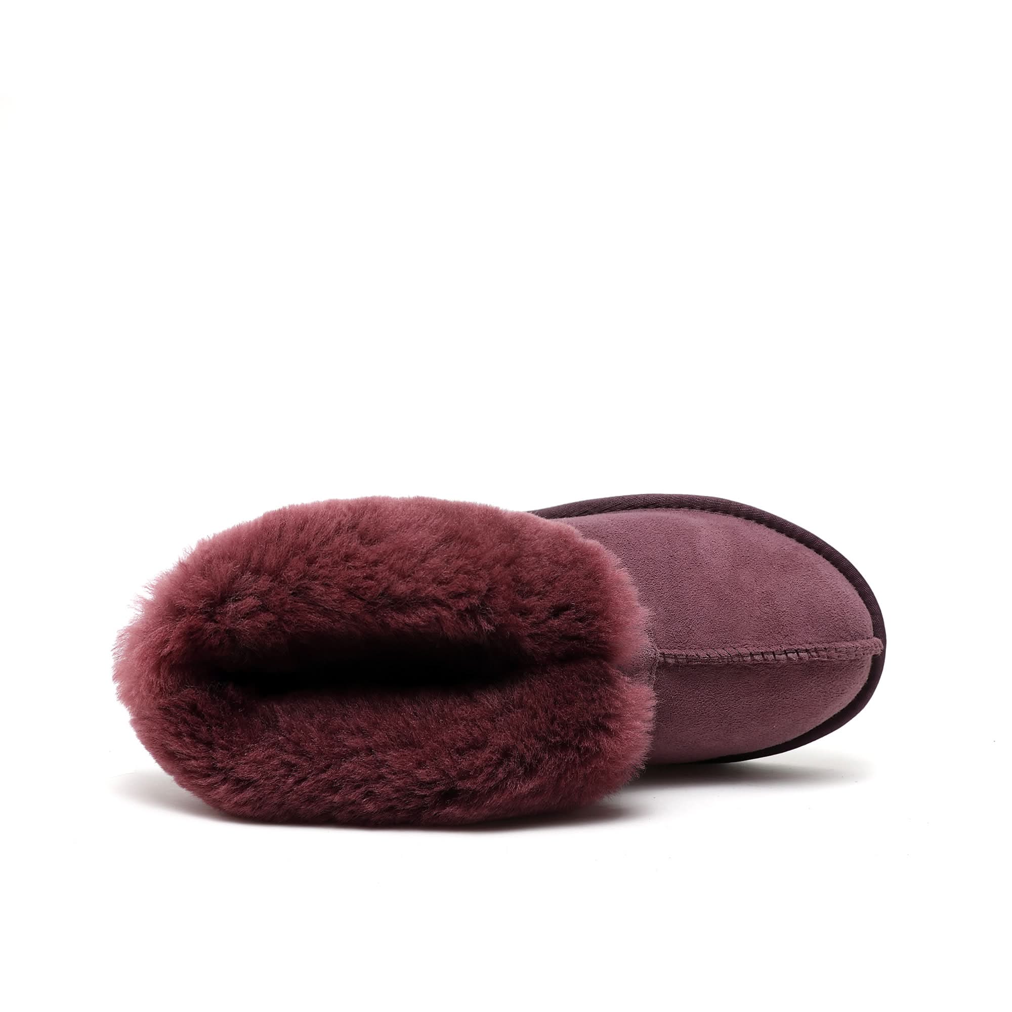 Burgundy sheepskin slipper boot with fluffy wool lining, top view. - Yellow Earth Australia