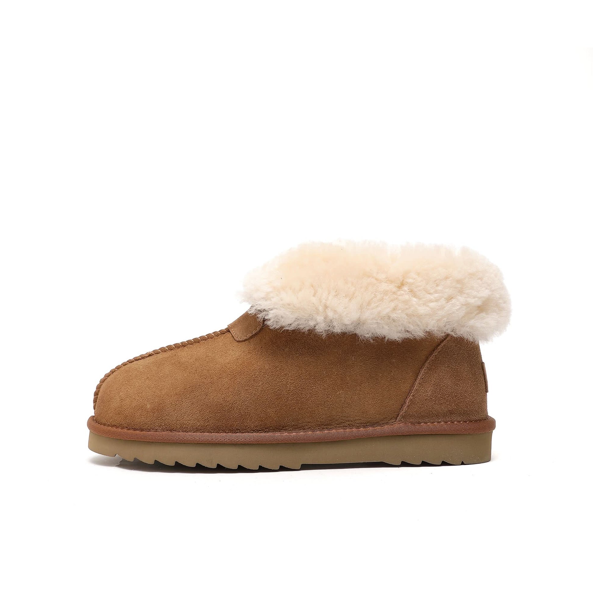 Chestnut sheepskin slipper boot with fluffy wool collar, side view. - Yellow Earth Australia