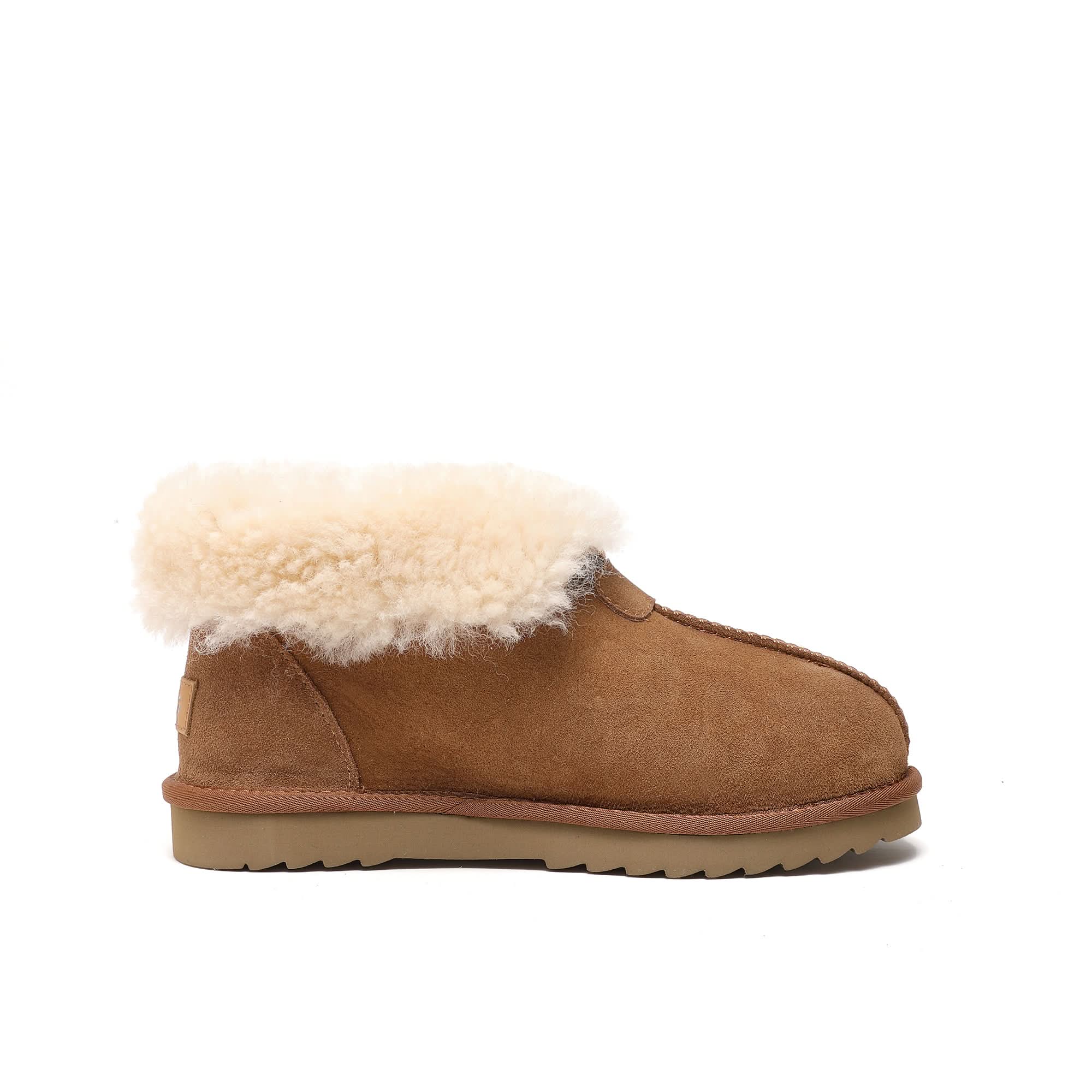 Chestnut suede slipper boot with cream sheepskin lining, side view. - Yellow Earth Australia