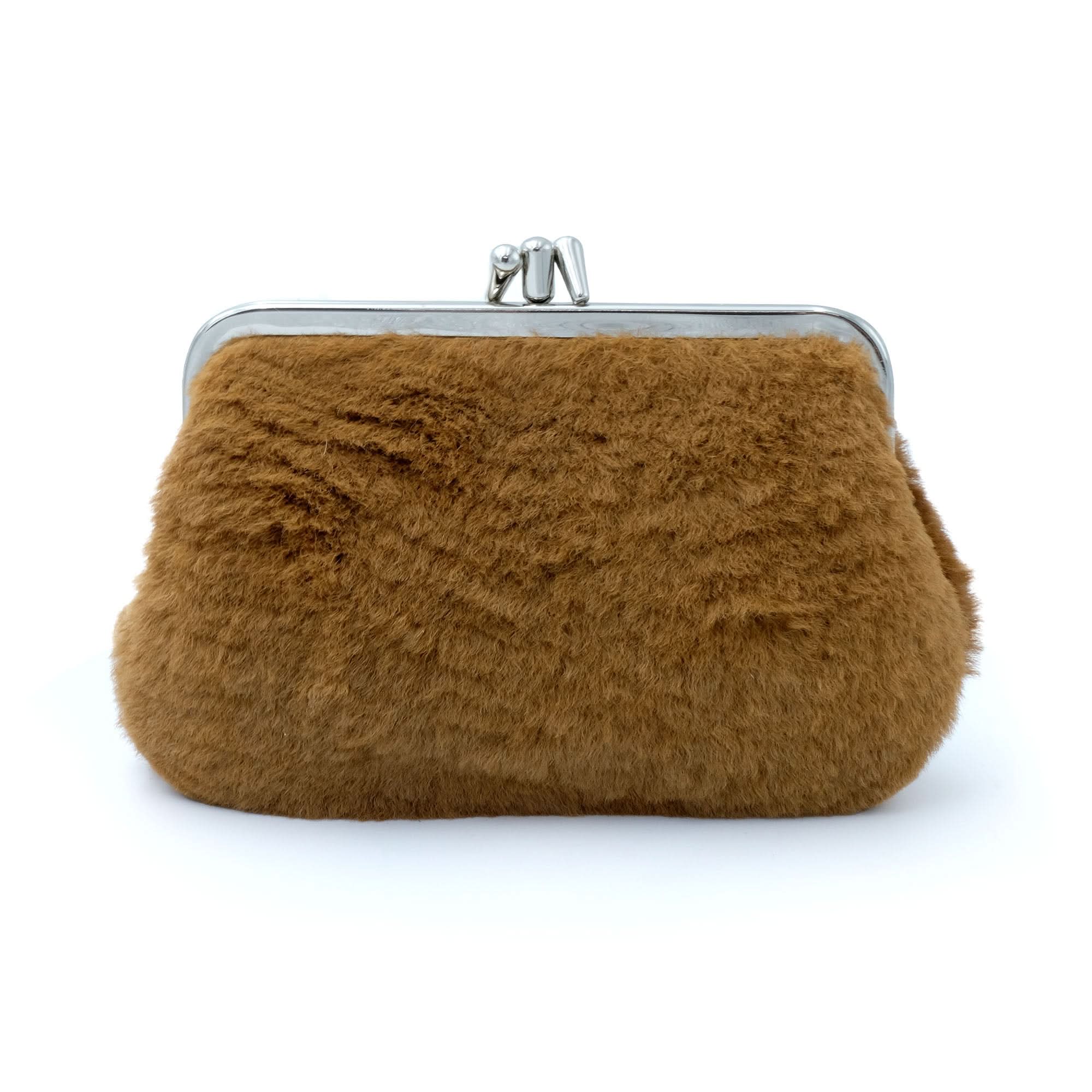Tan fuzzy sheepskin coin purse with silver clasp, front view. - Yellow Earth Australia