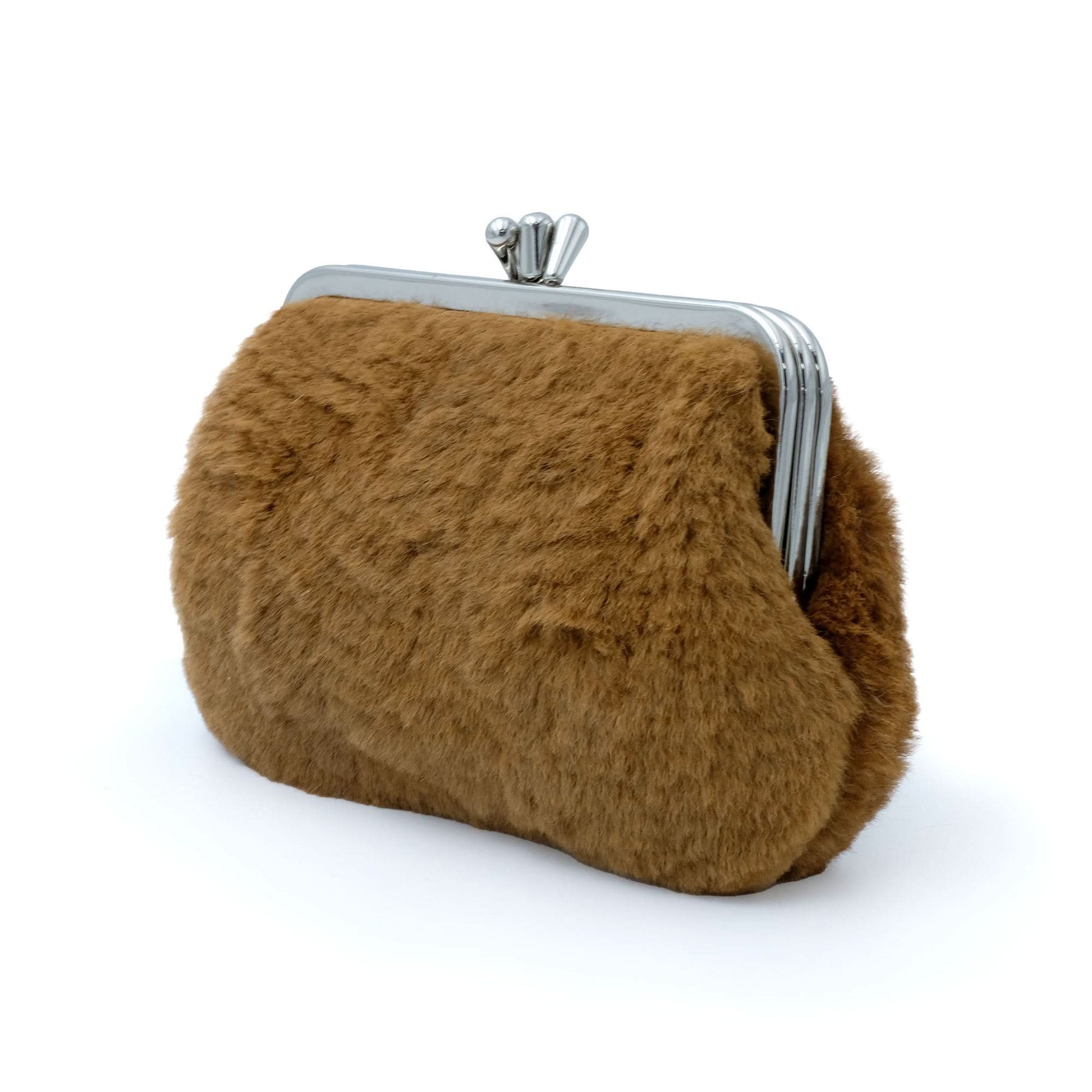 Brown sheepskin clutch purse with silver metal frame, side view. - Yellow Earth Australia