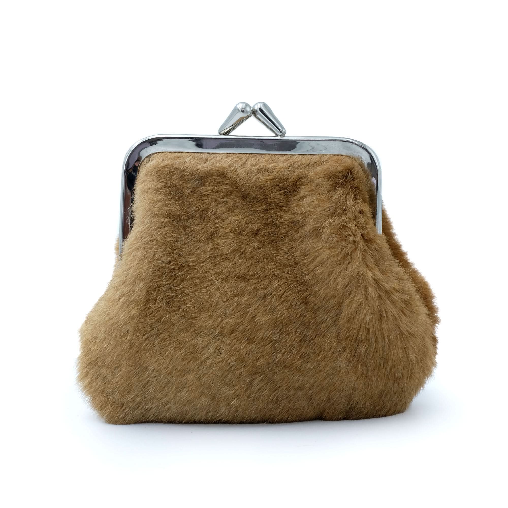 Tan sheepskin coin purse with metal clasp, front view on white background. - Yellow Earth Australia