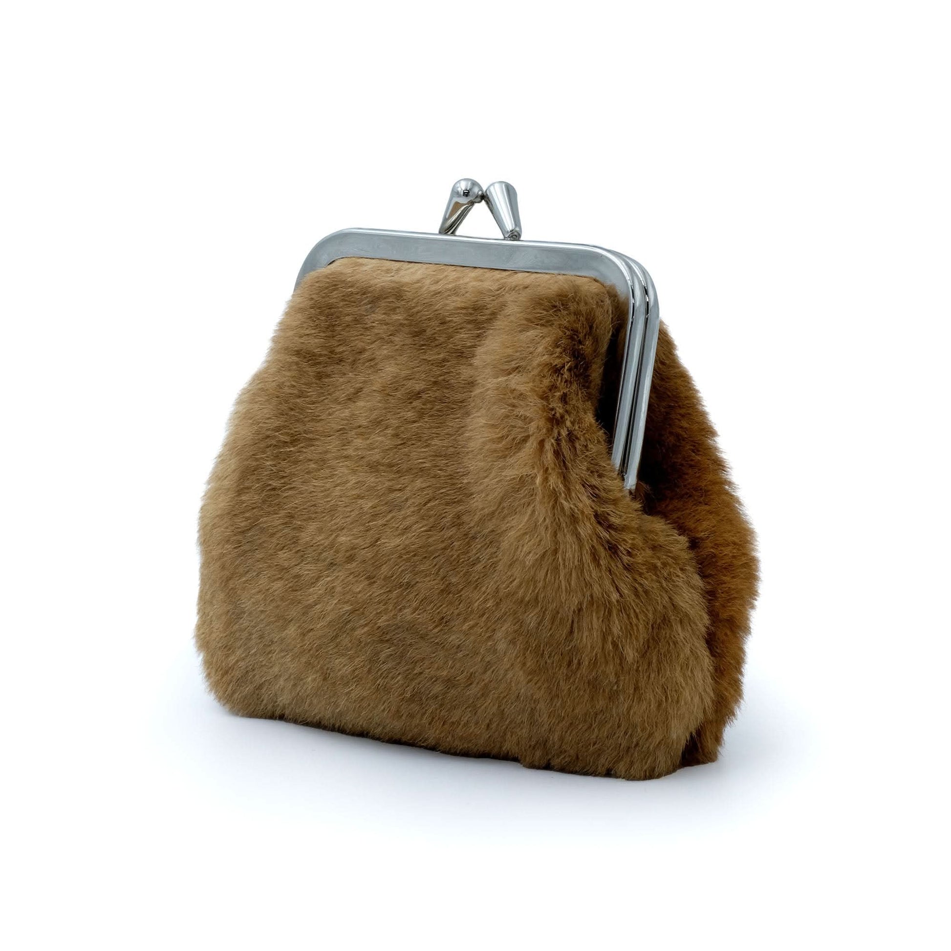 Caramel fur clasp purse with silver metal frame, displayed from front angle. - Yellow Earth Australia