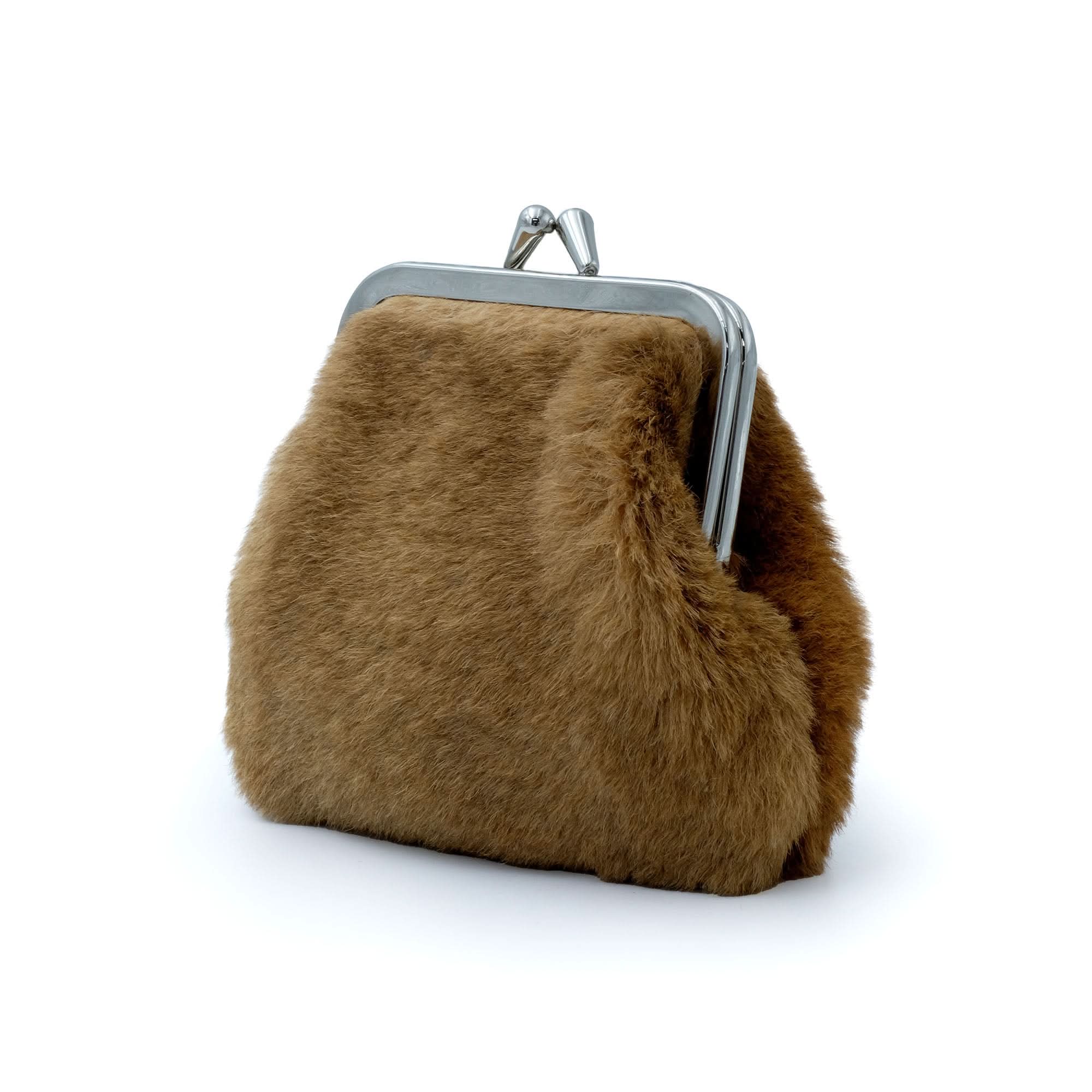 Caramel fur clasp purse with silver metal frame, displayed from front angle. - Yellow Earth Australia
