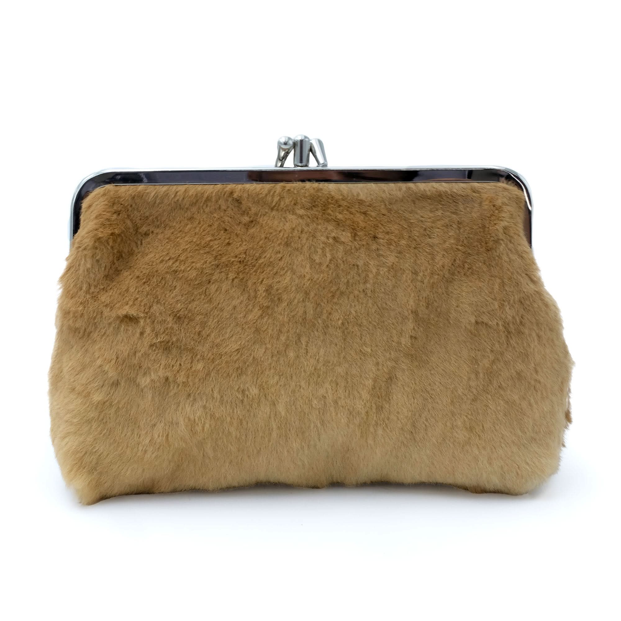 Tan sheepskin clutch with metal frame clasp, front view. - Yellow Earth Australia