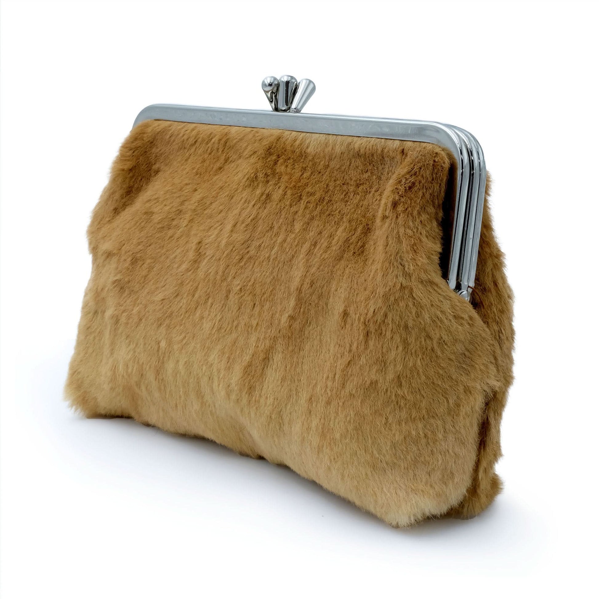 Caramel fur clutch with metal frame clasp, angled front view. - Yellow Earth Australia