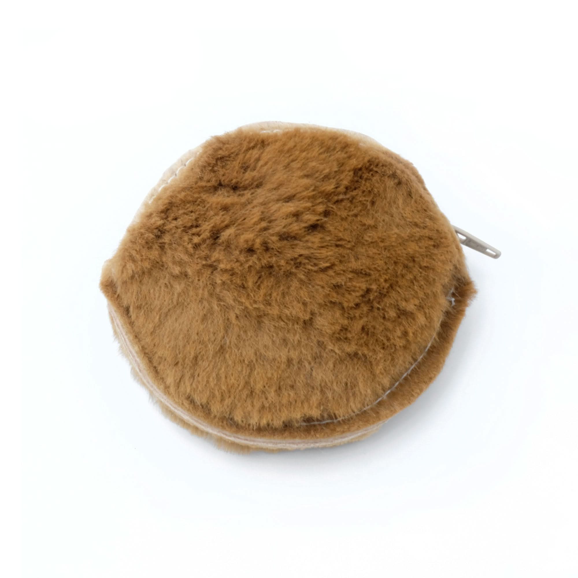 Camel sheepskin round seat cushion viewed from above on white background. - Yellow Earth Australia