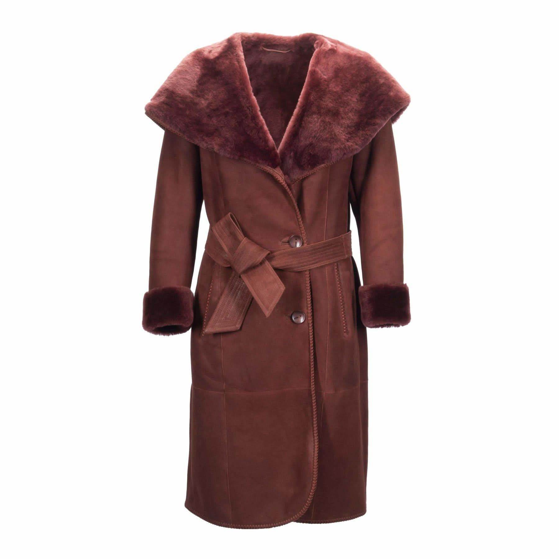 Burgundy sheepskin coat with fur collar and cuffs, front view. - Yellow Earth Australia