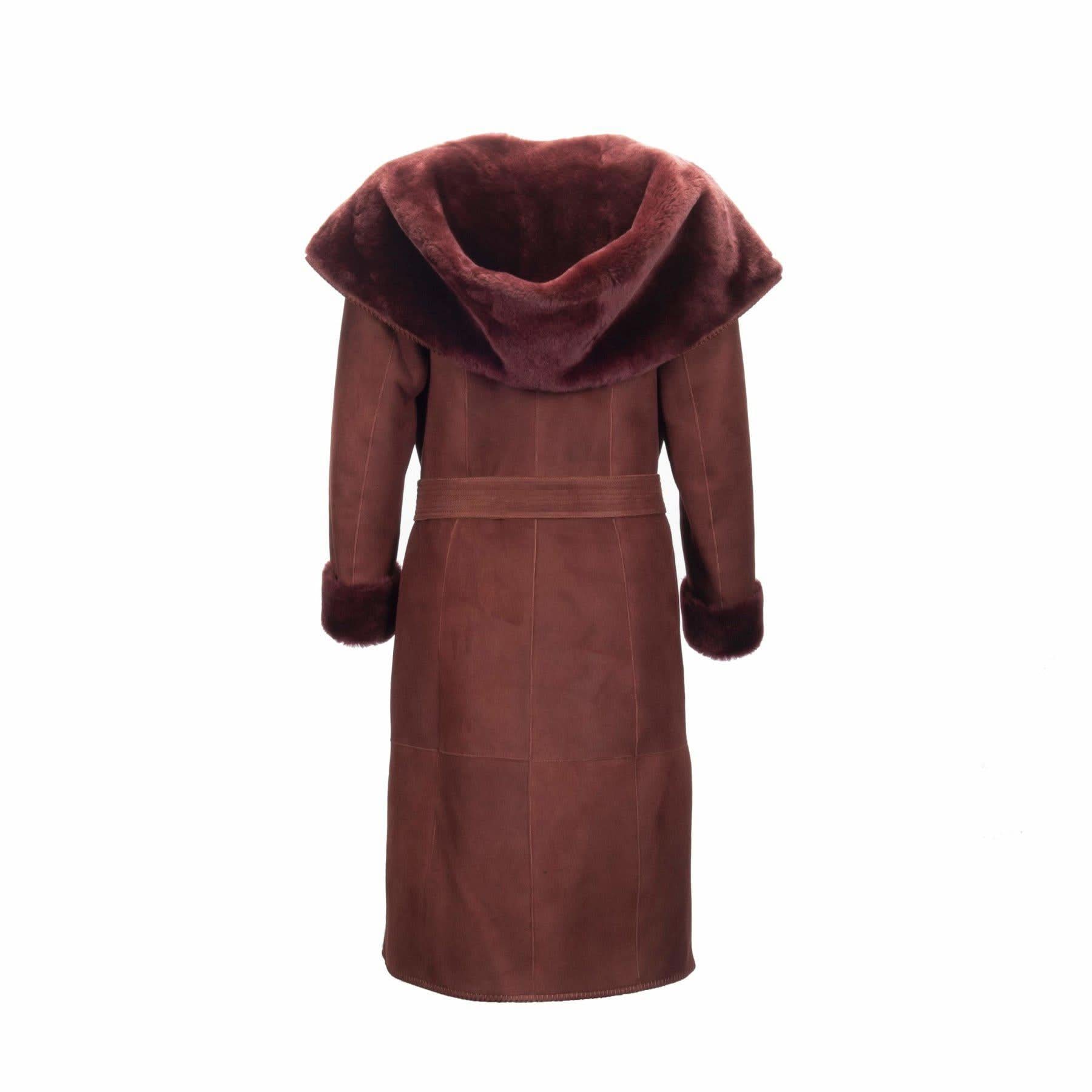 Burgundy sheepskin coat with fur-lined hood and cuffs, front view. - Yellow Earth Australia