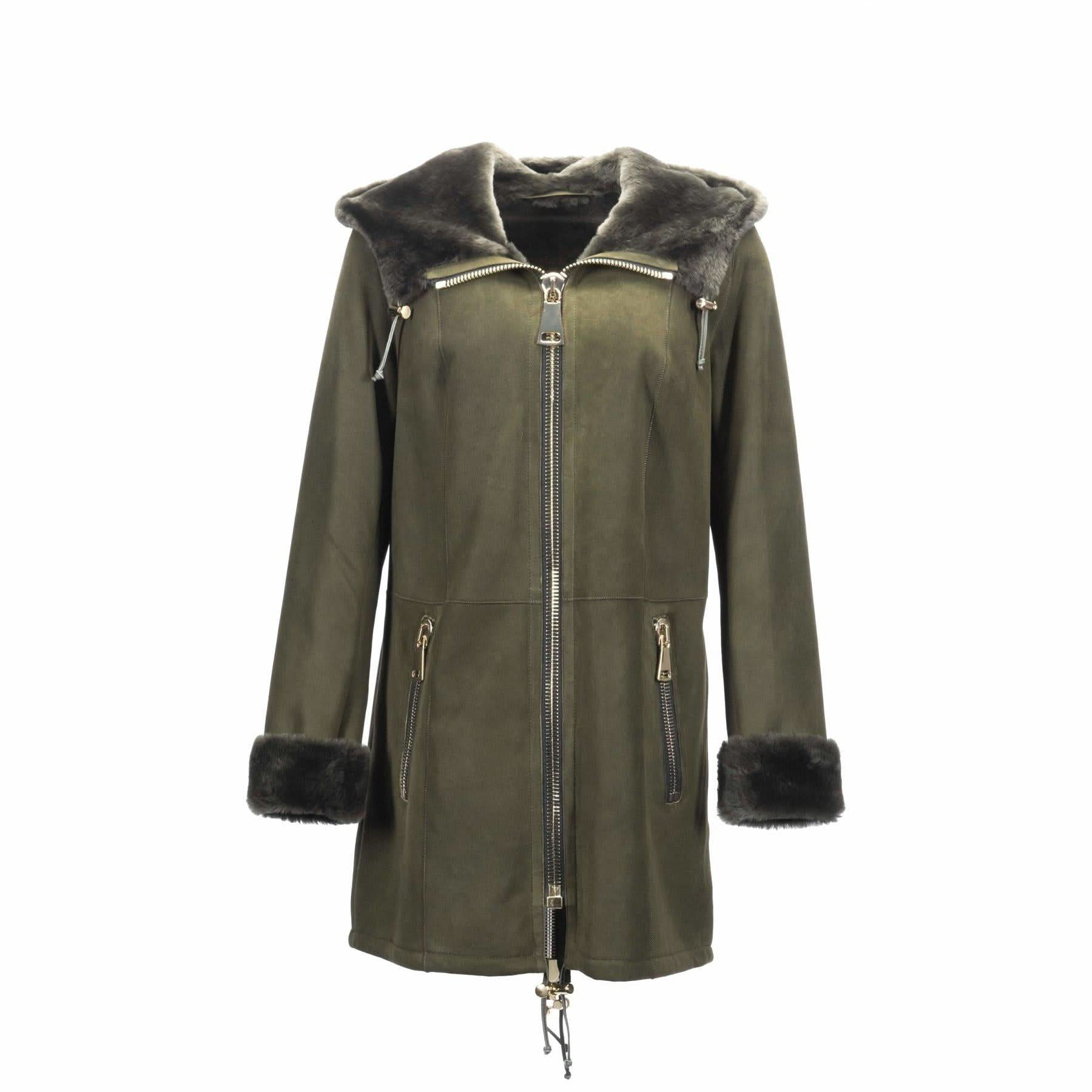 Olive green sheepskin coat with charcoal fur collar and cuffs, front view. - Yellow Earth Australia