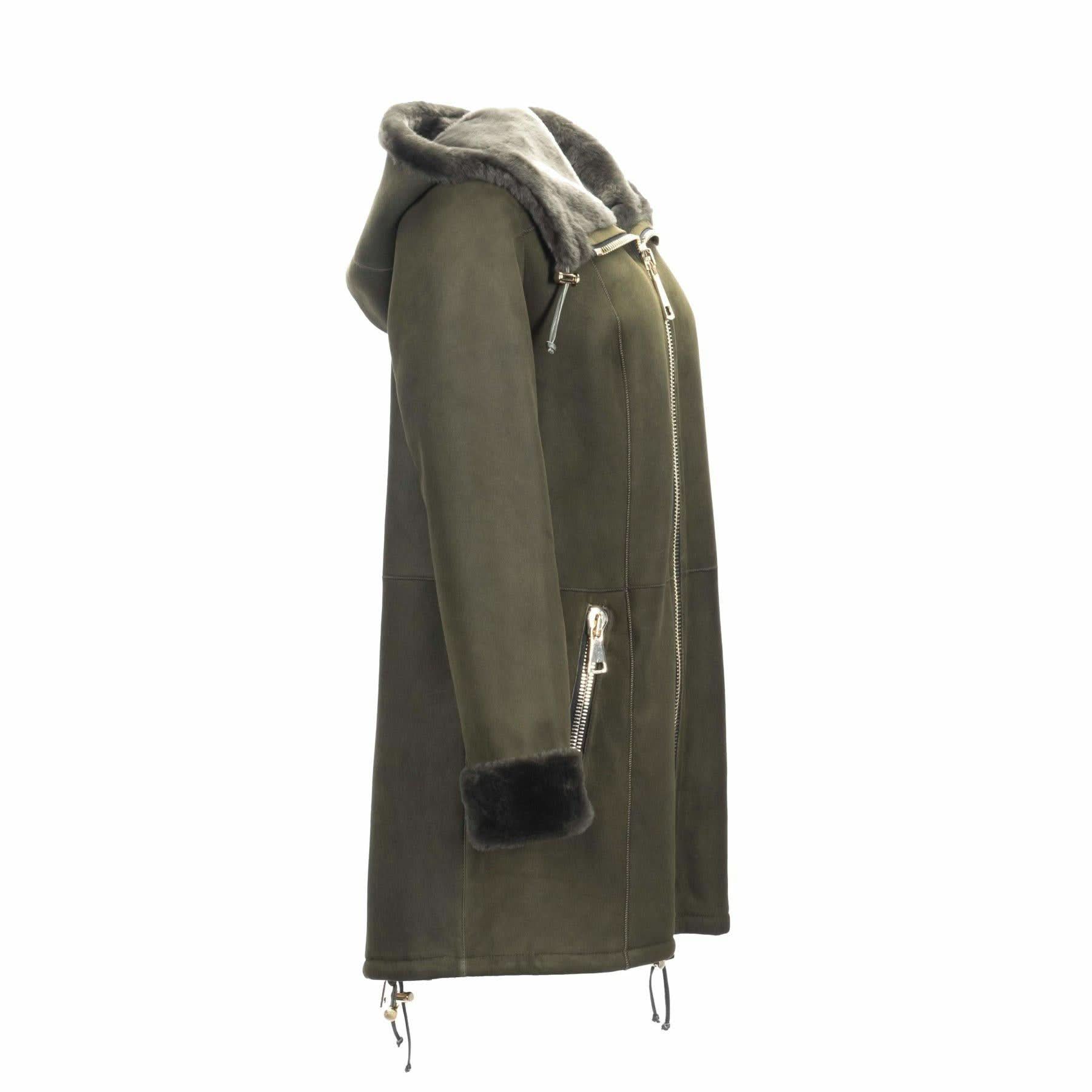 Olive green sheepskin parka with fur-lined hood and cuffs, side view. - Yellow Earth Australia