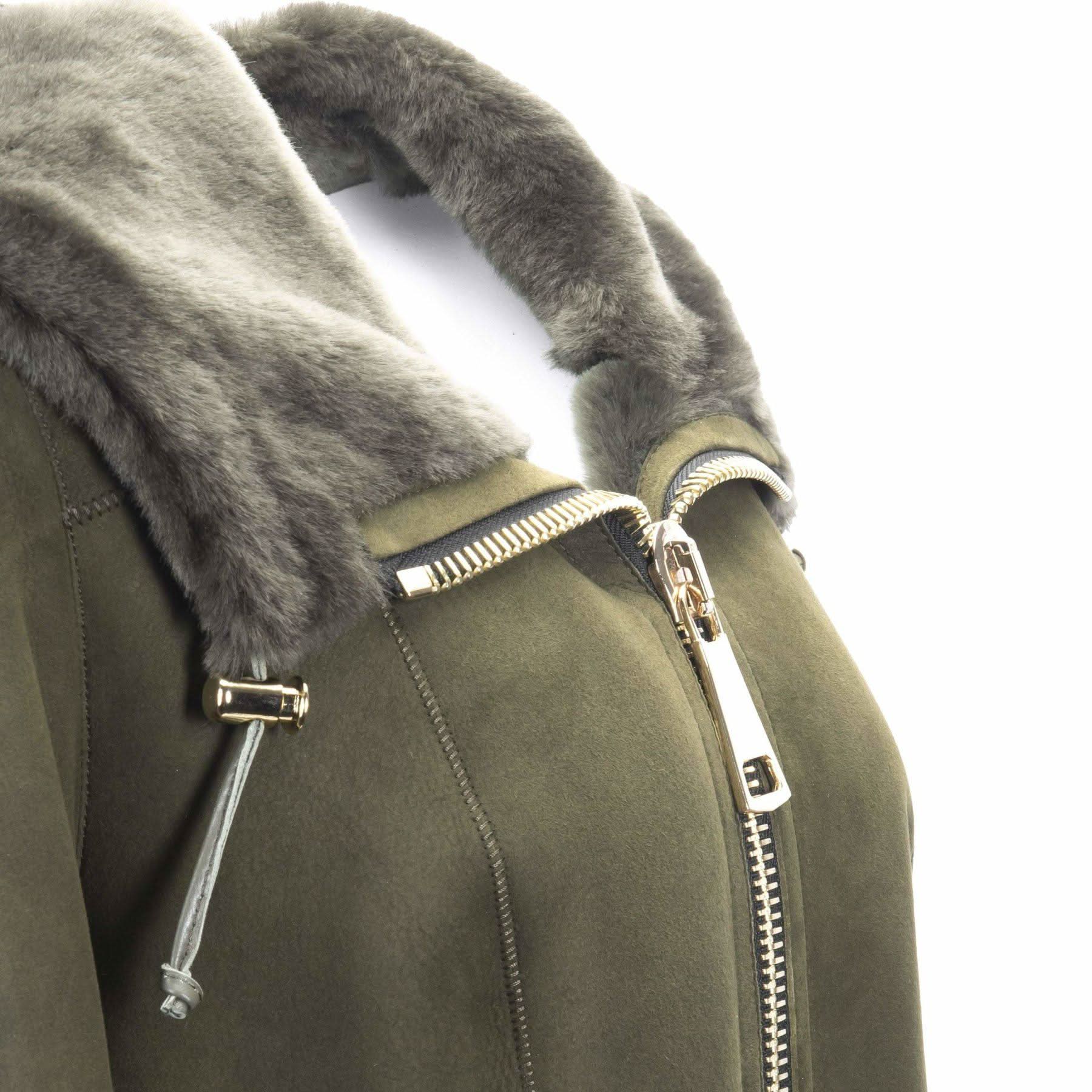 Olive green sheepskin jacket with grey fur collar and silver zip detail, front view. - Yellow Earth Australia