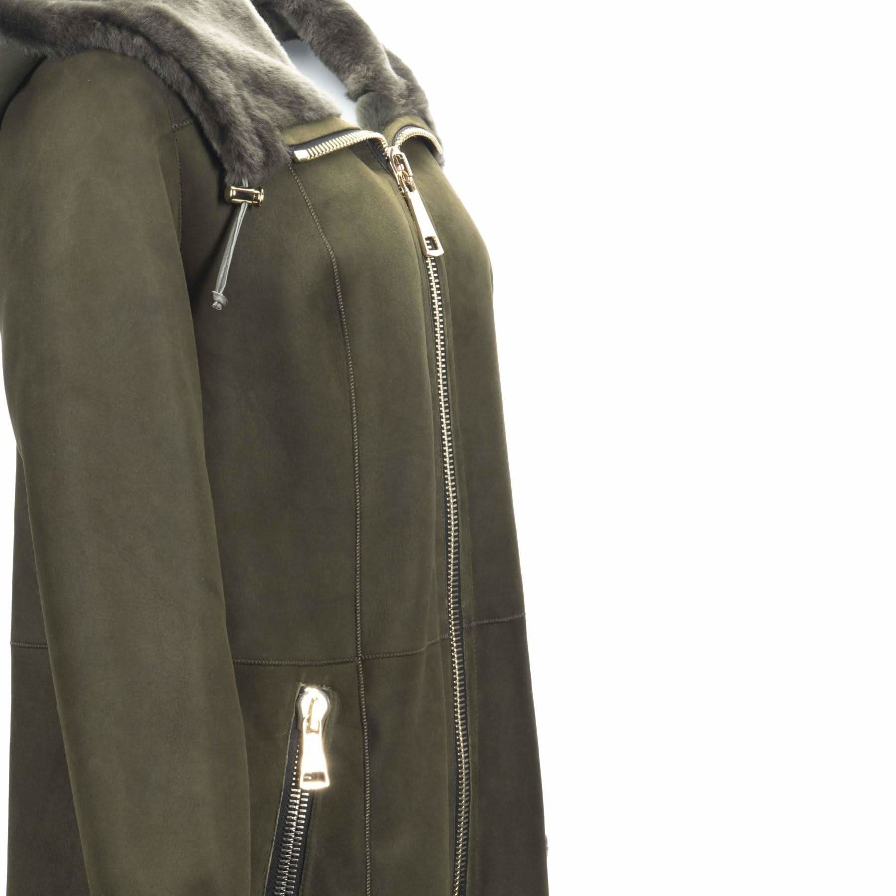 Olive green sheepskin jacket with grey fur collar and silver zippers, front view. - Yellow Earth Australia