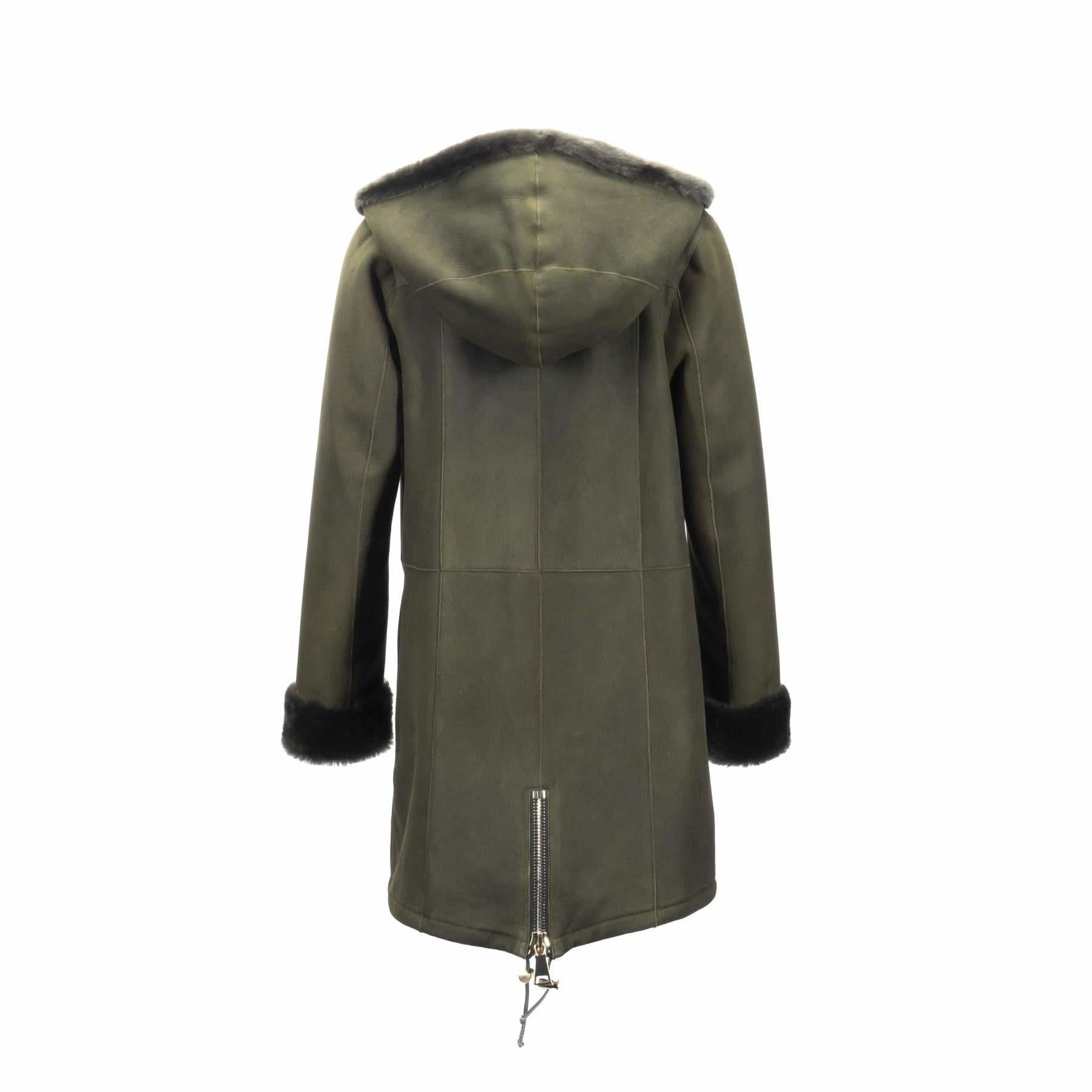 Khaki sheepskin parka with black fur hood and cuffs, rear view. - Yellow Earth Australia