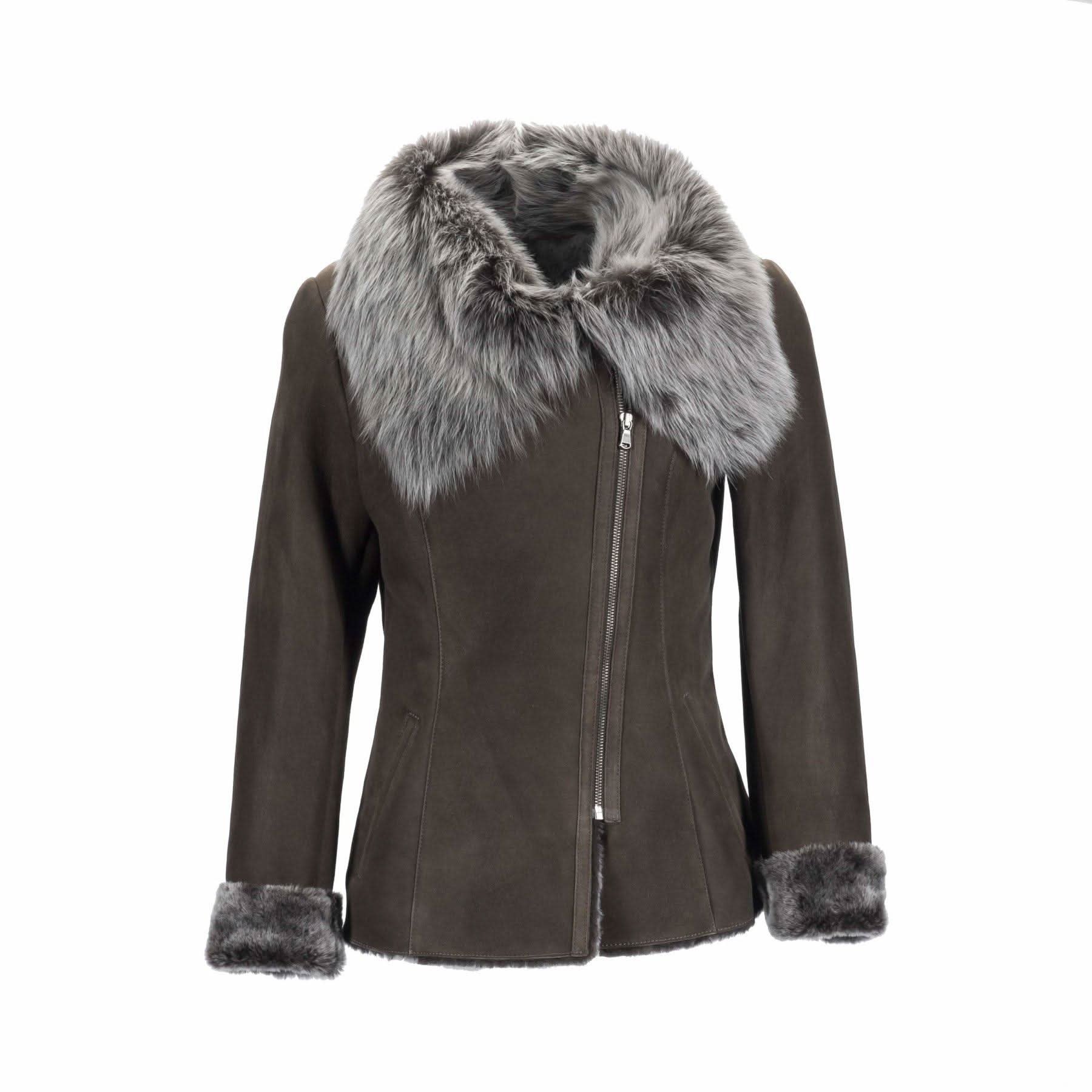 Women's brown sheepskin jacket with grey fur collar and cuffs, front view. - Yellow Earth Australia