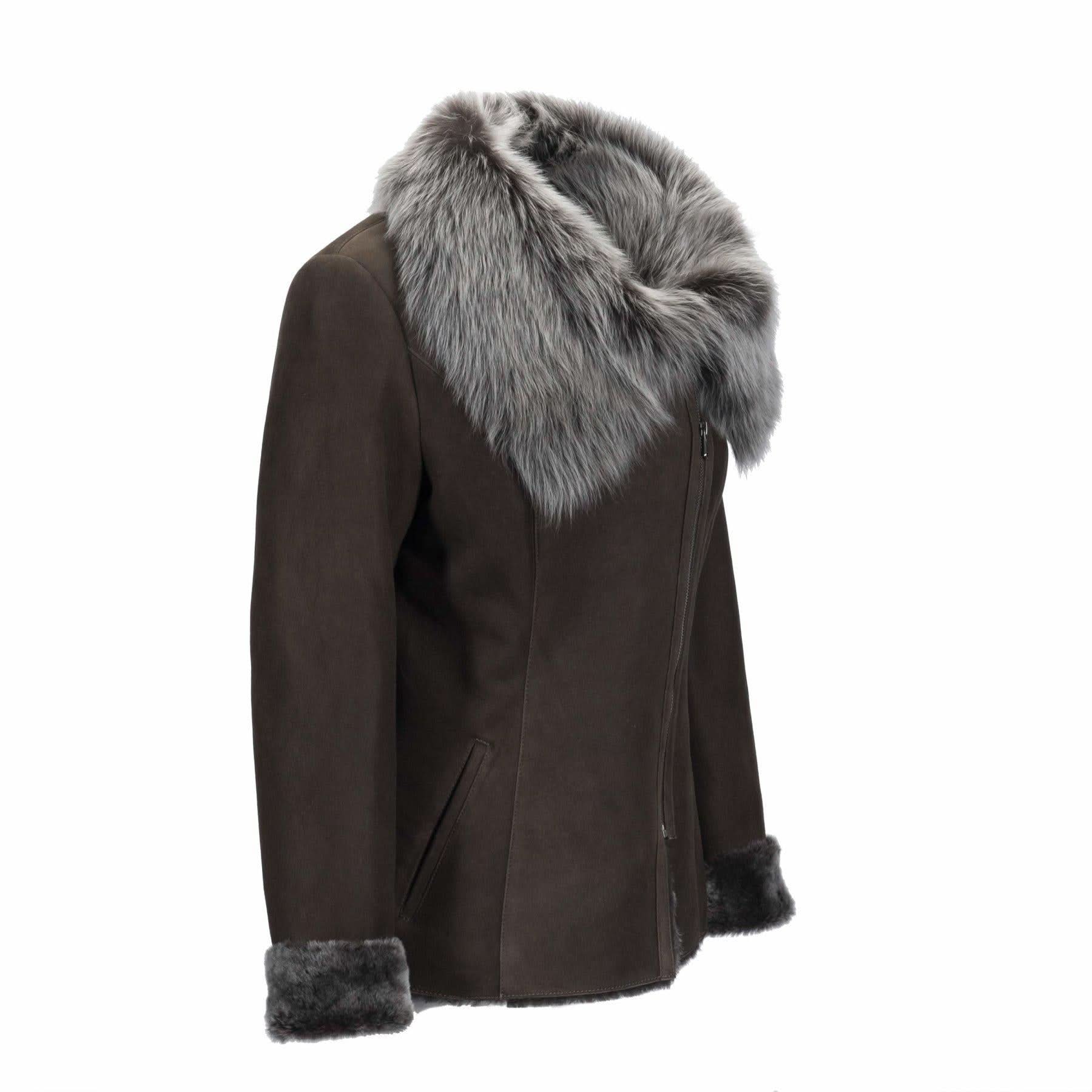 Brown sheepskin jacket with grey fur collar and cuffs, side view. - Yellow Earth Australia
