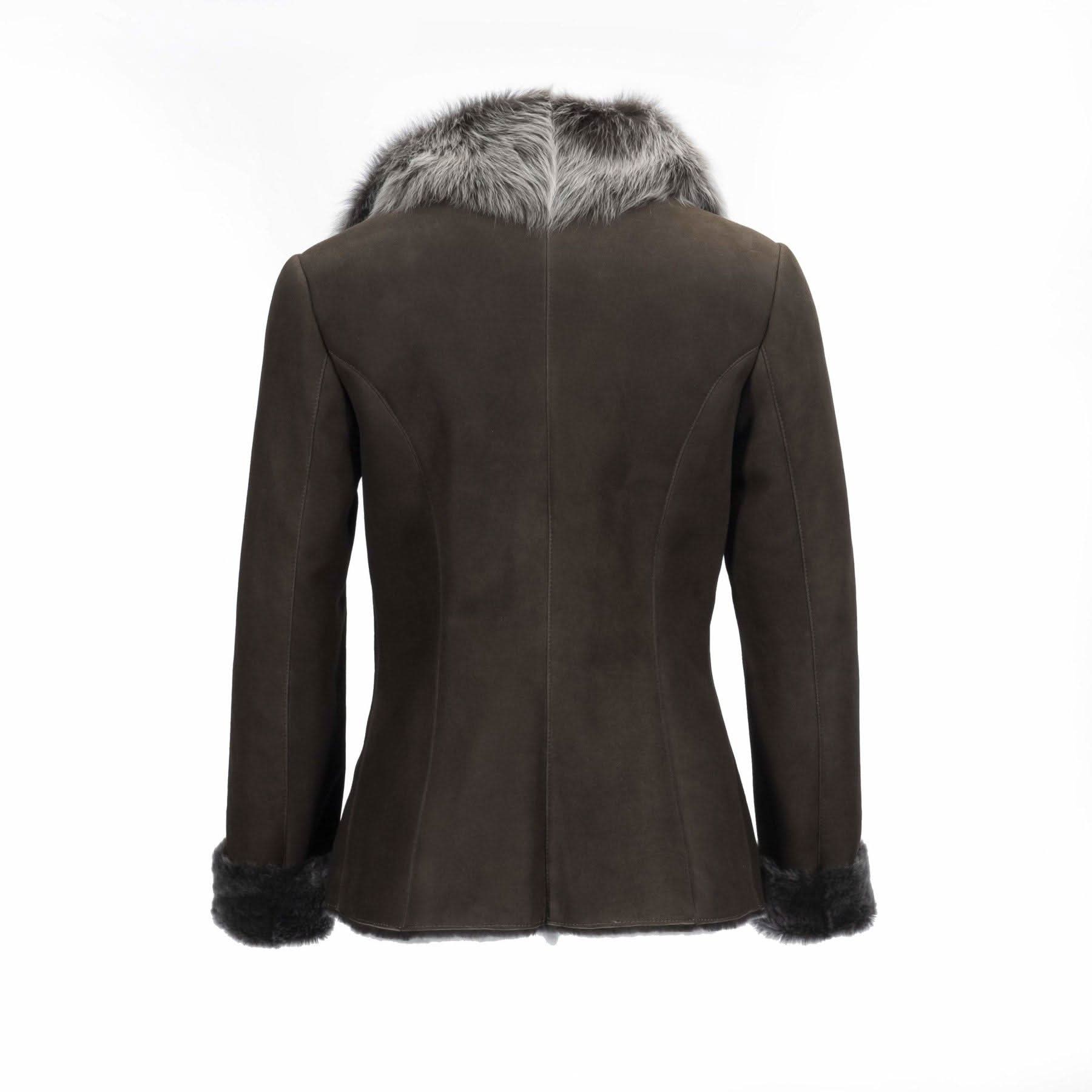Brown sheepskin jacket with fur collar and cuffs, back view. - Yellow Earth Australia