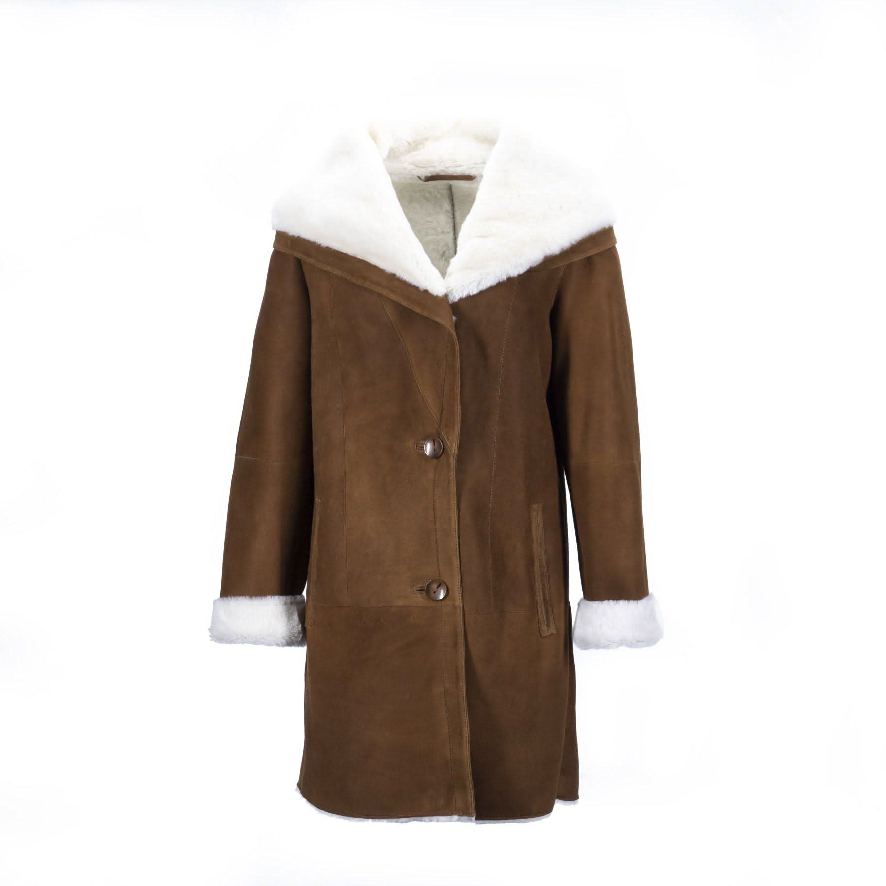 Brown sheepskin coat with white wool collar and cuff trim, front view. - Yellow Earth Australia