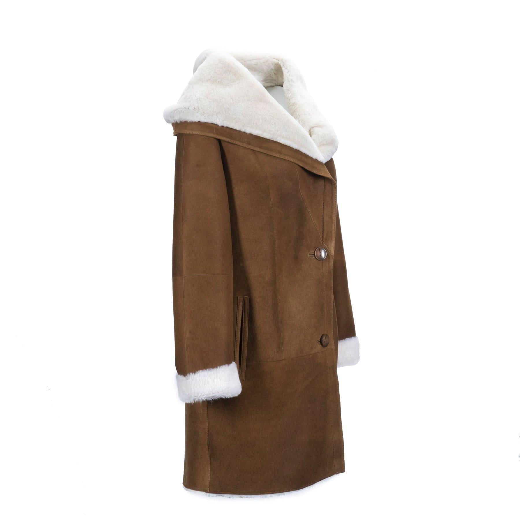Brown suede coat with cream sheepskin collar and cuff lining, side view. - Yellow Earth Australia