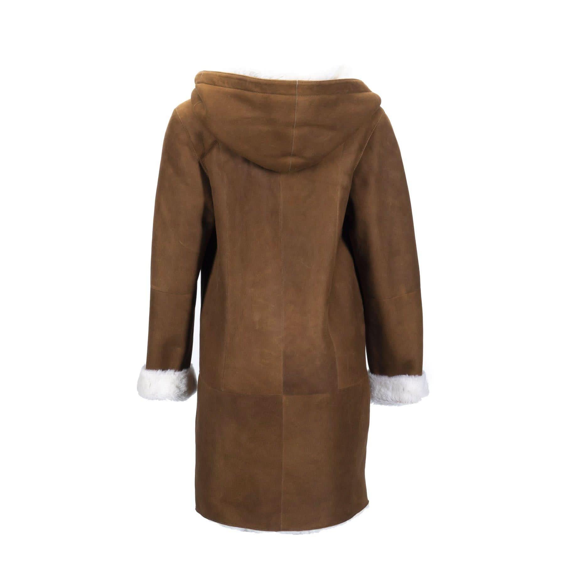 Brown suede sheepskin coat with white fleece cuffs and hood, rear view. - Yellow Earth Australia