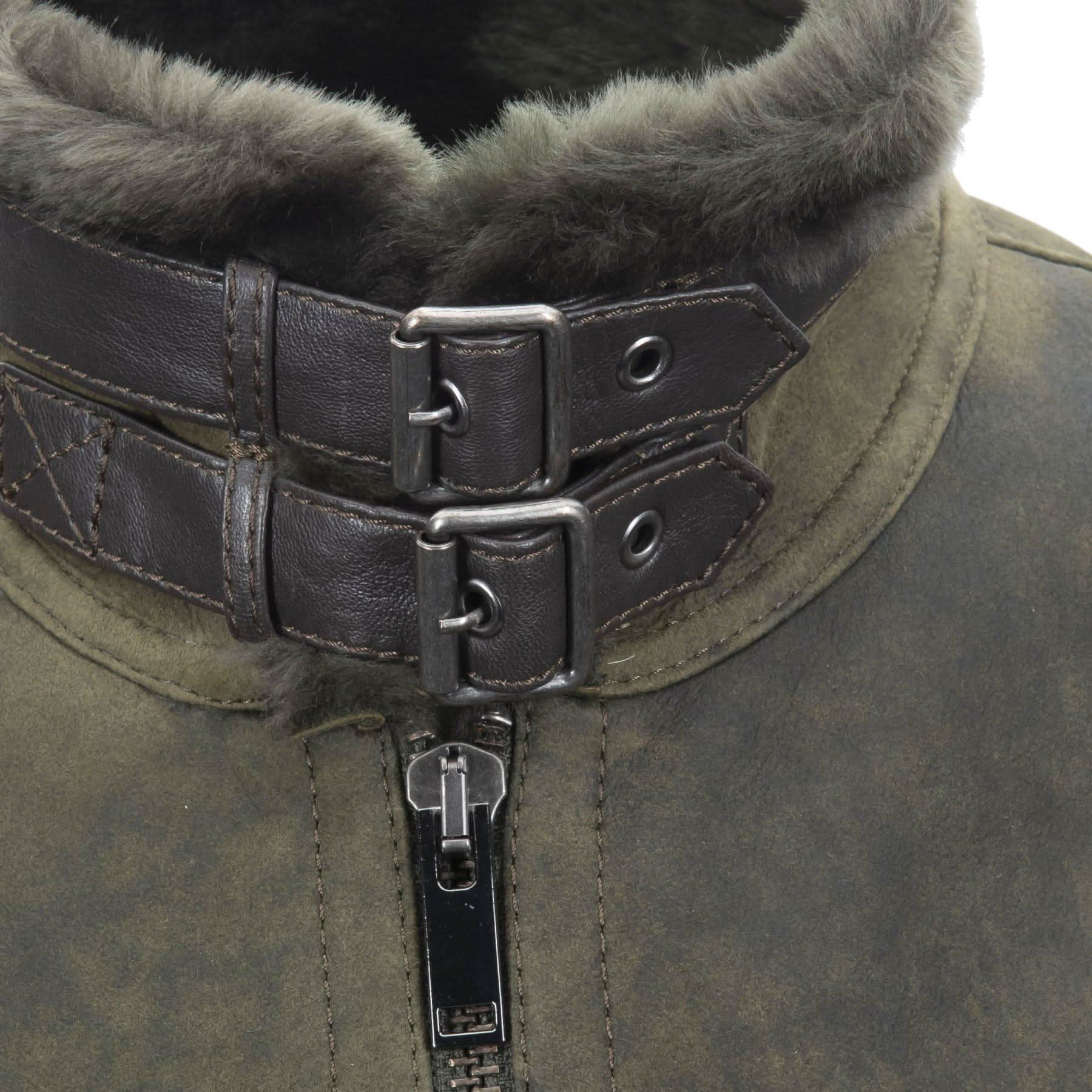 Olive sheepskin jacket with fur collar and dark leather buckle straps, front detail view. - Yellow Earth Australia