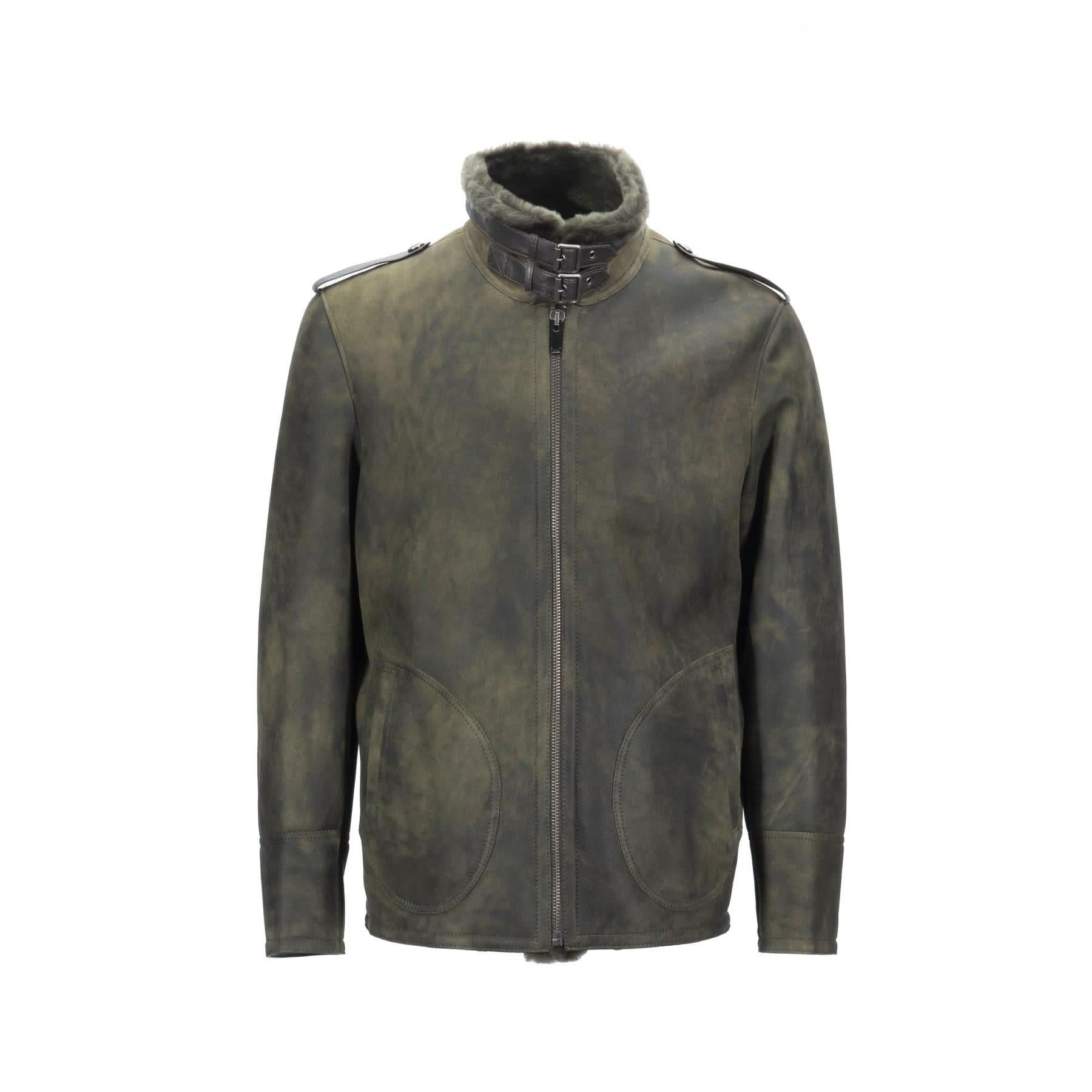 Olive green sheepskin jacket with fleece collar, front zip closure and hand pockets. - Yellow Earth Australia